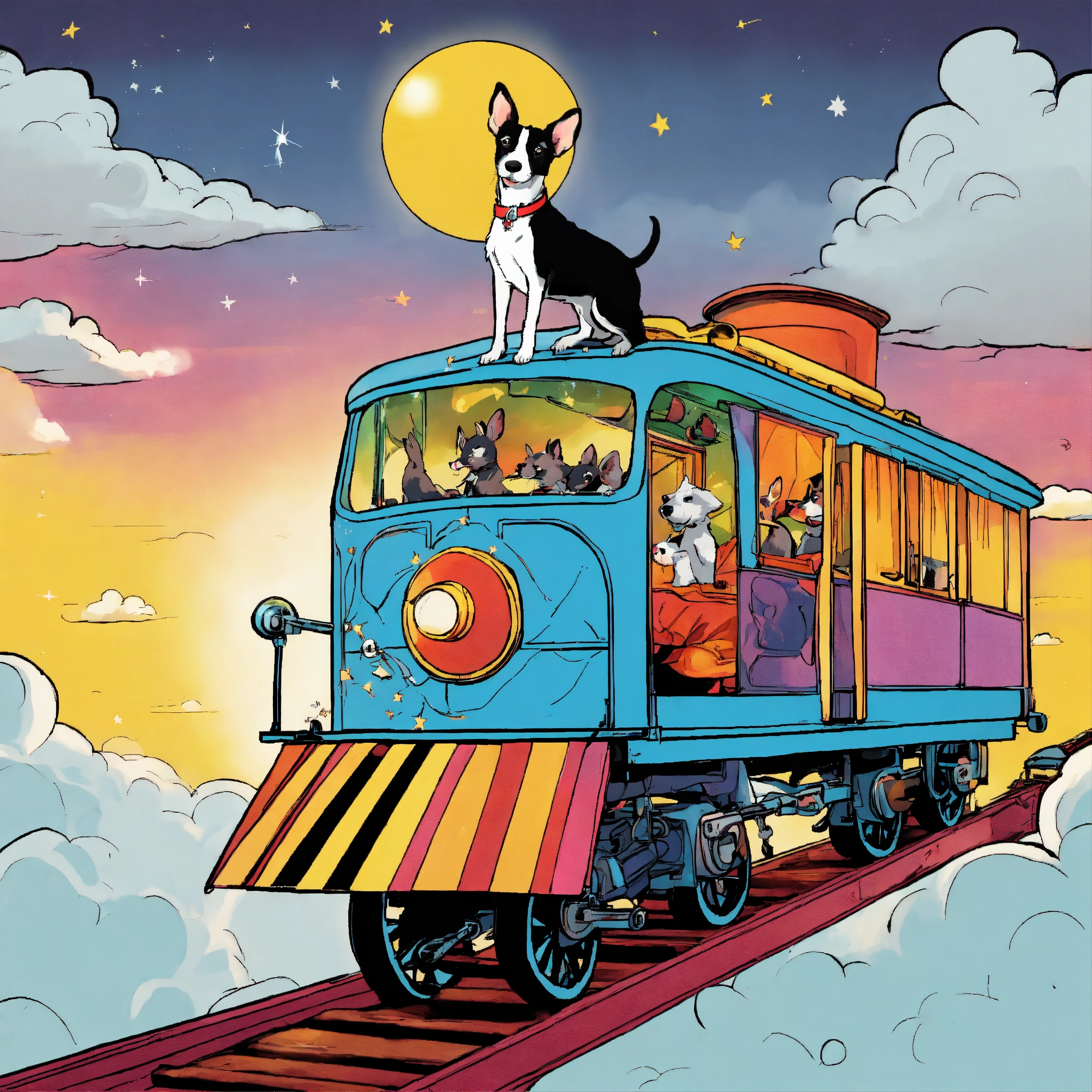 Lexica - A magic train with a black and white rat terrier riding on the ...