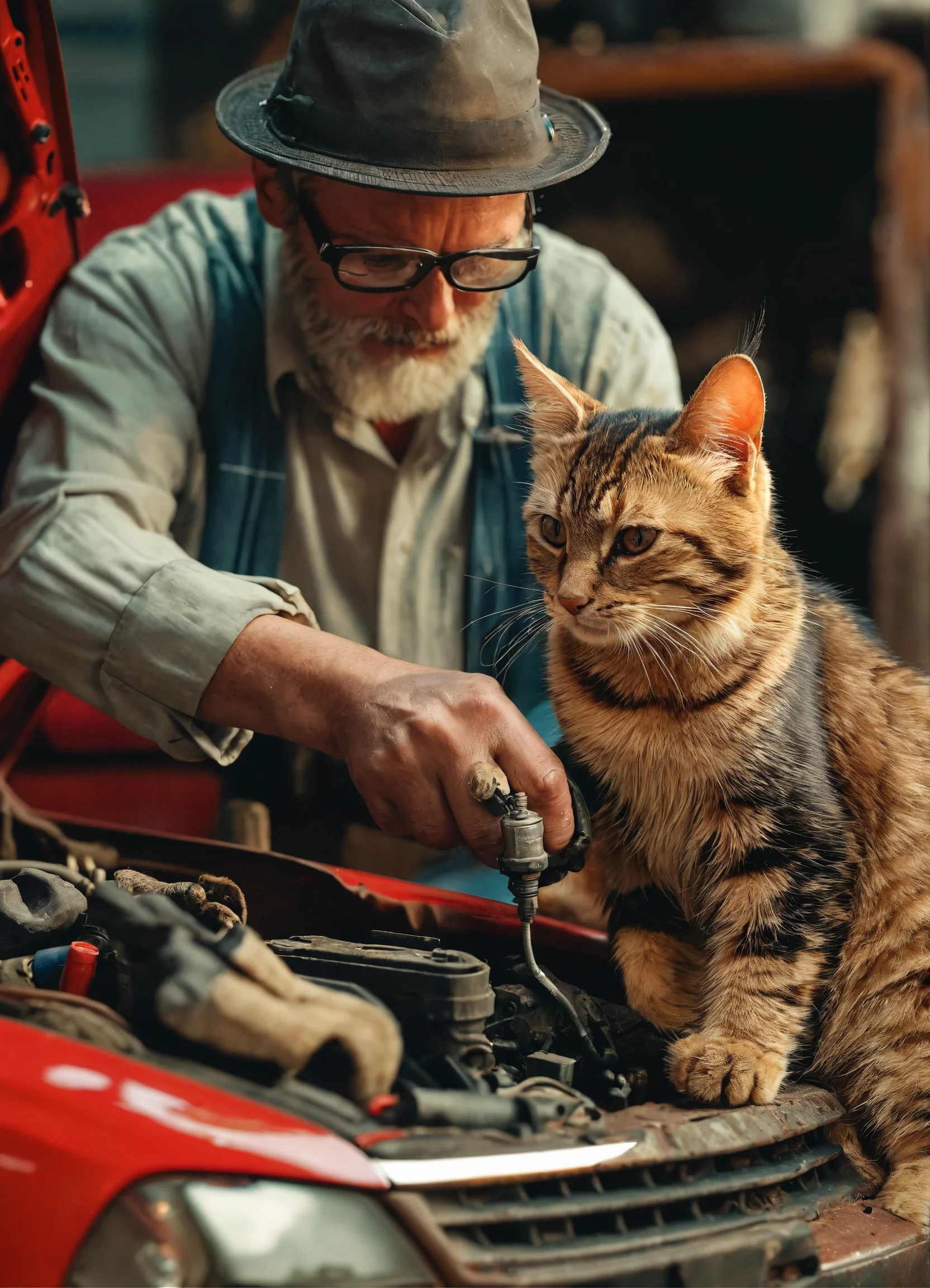 Lexica - A cat father teaching a cat son how to fix a car, life-like