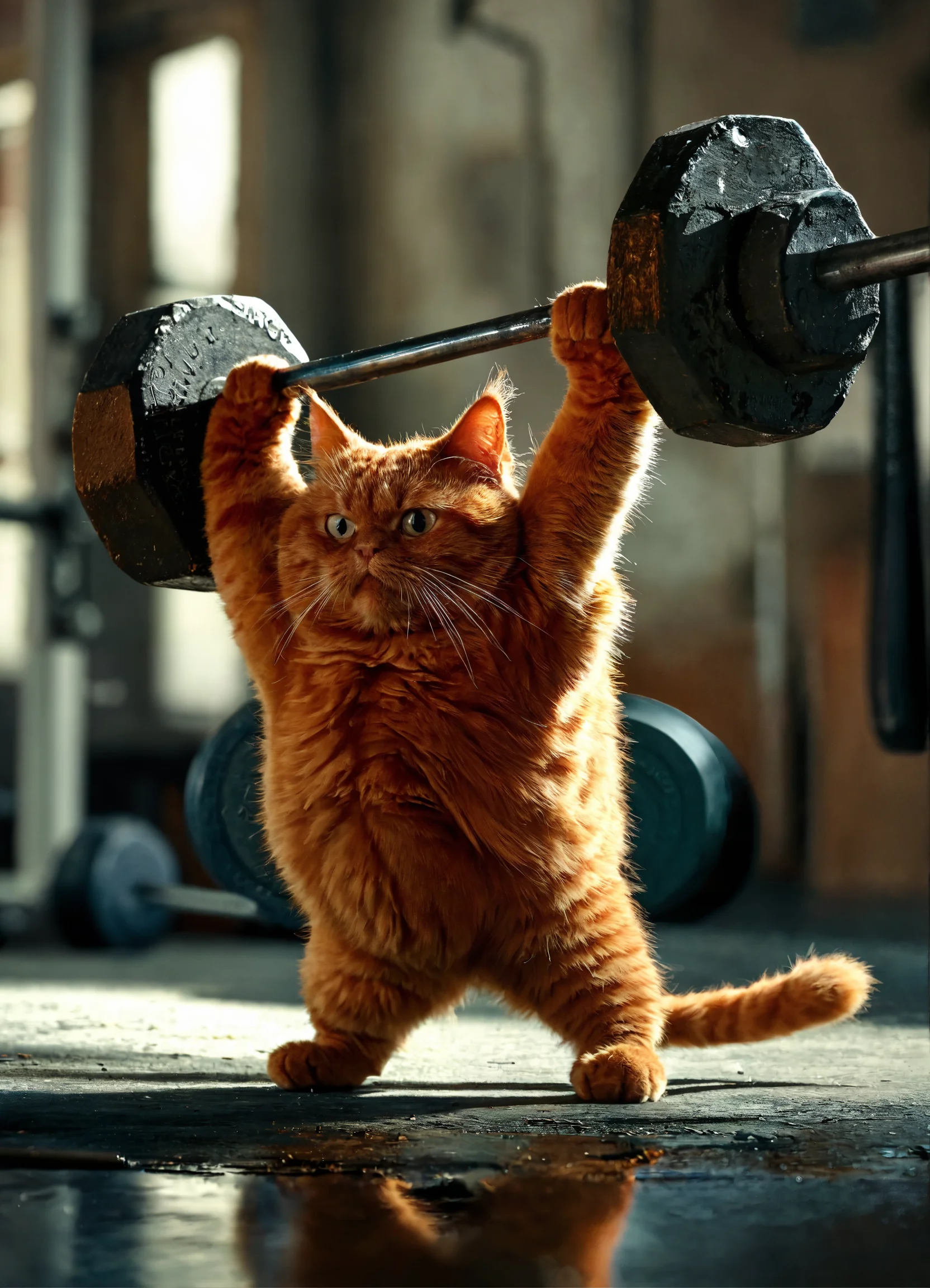 Lexica - Sad fat red cat Raises a barbell