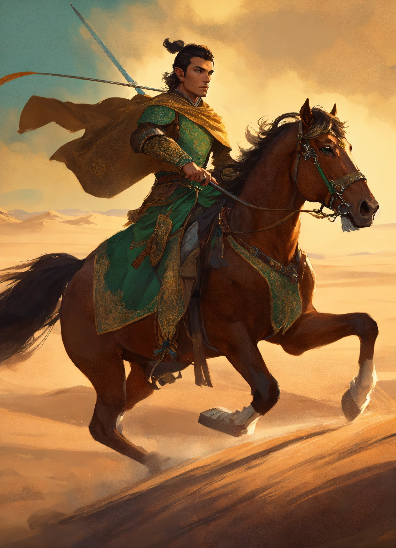 Lexica - A timurid elf male light cavalryman charging with Sabre riding ...