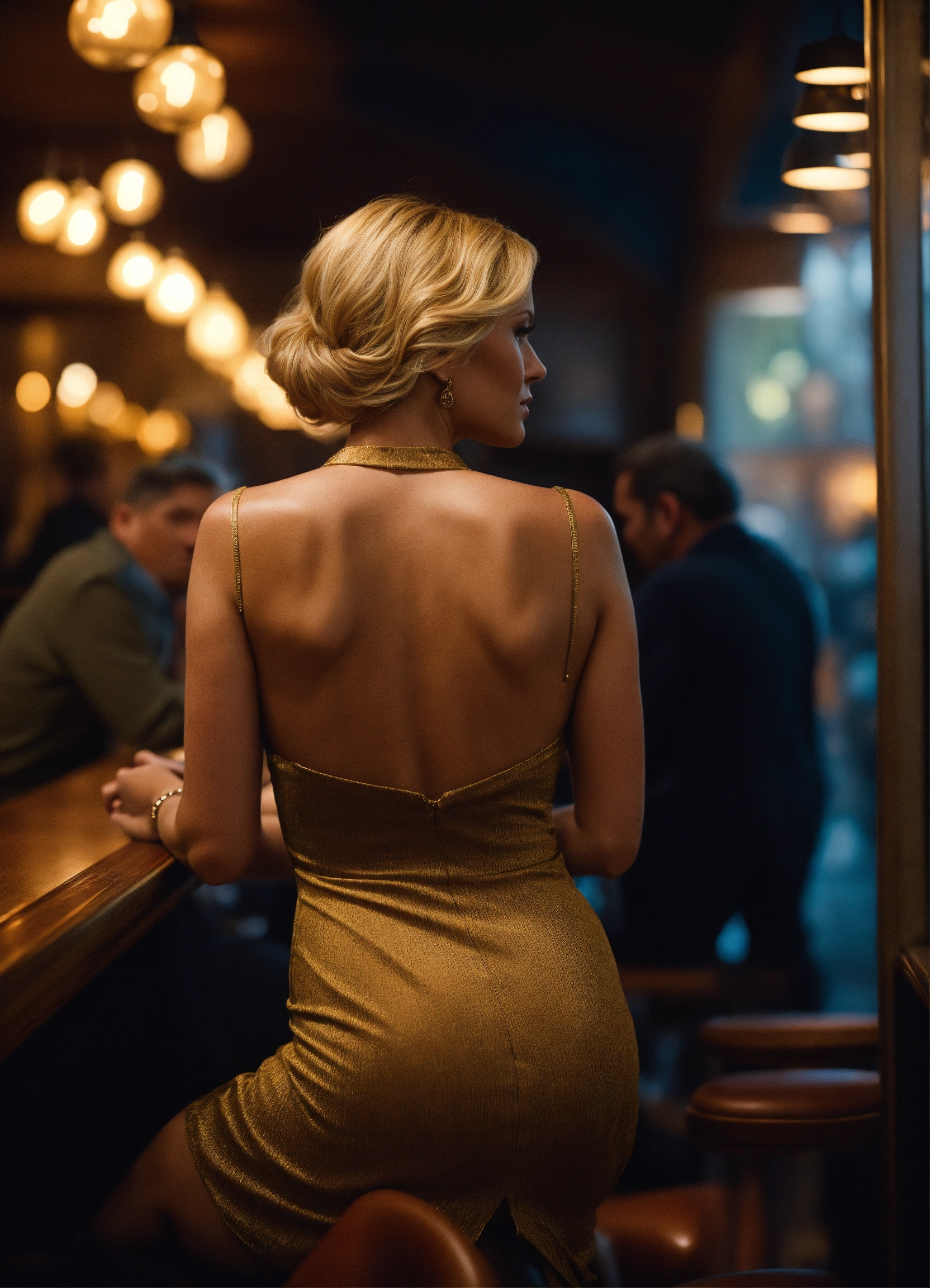 Lexica - Rear back shot, elegant beautiful 45-year-old blonde in a short  dress sitting in a dark bar in the company of three tough forty-year-old  men...