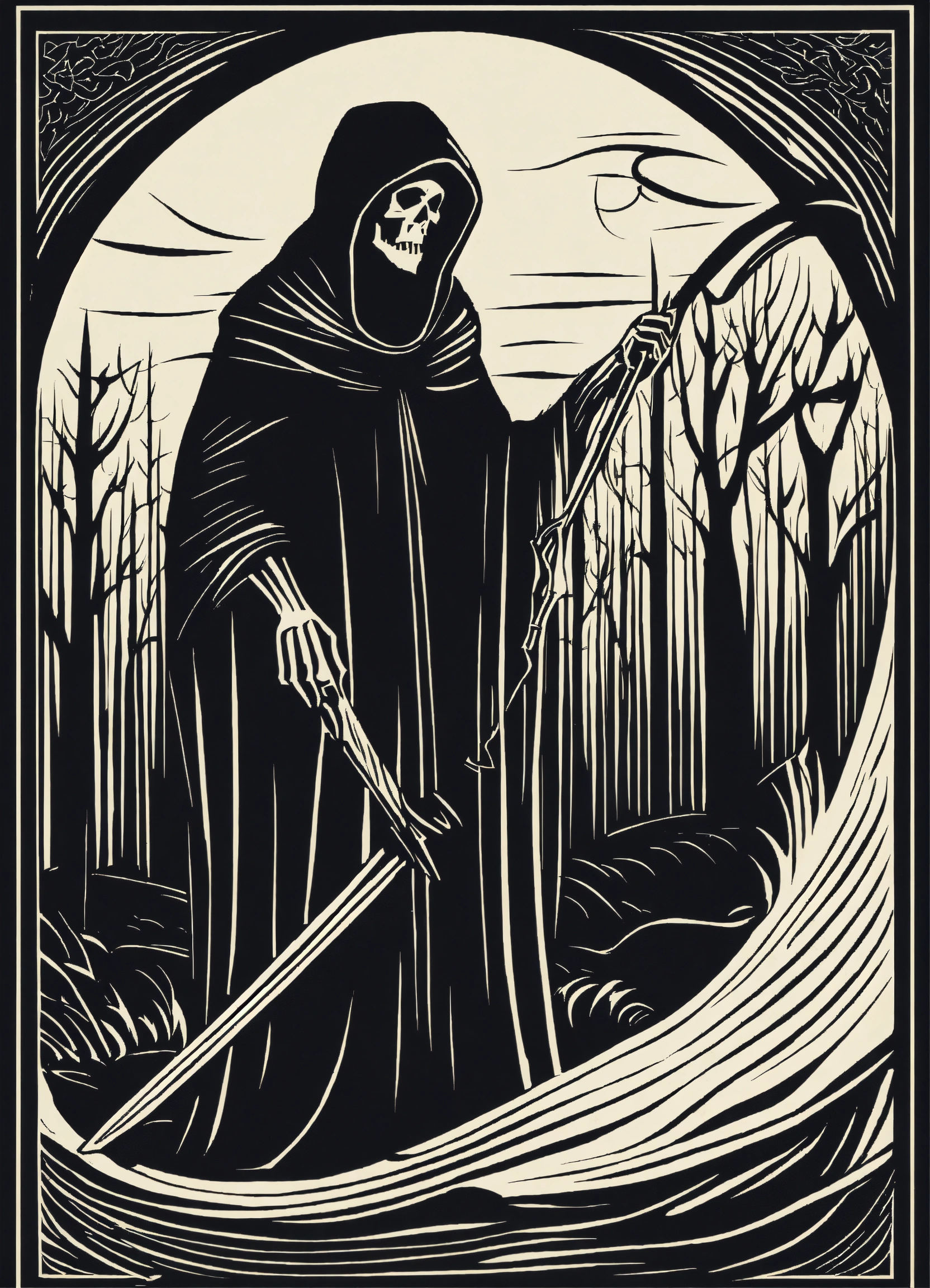 Lexica - Black and white linocut design of the grim reaper, simple ...
