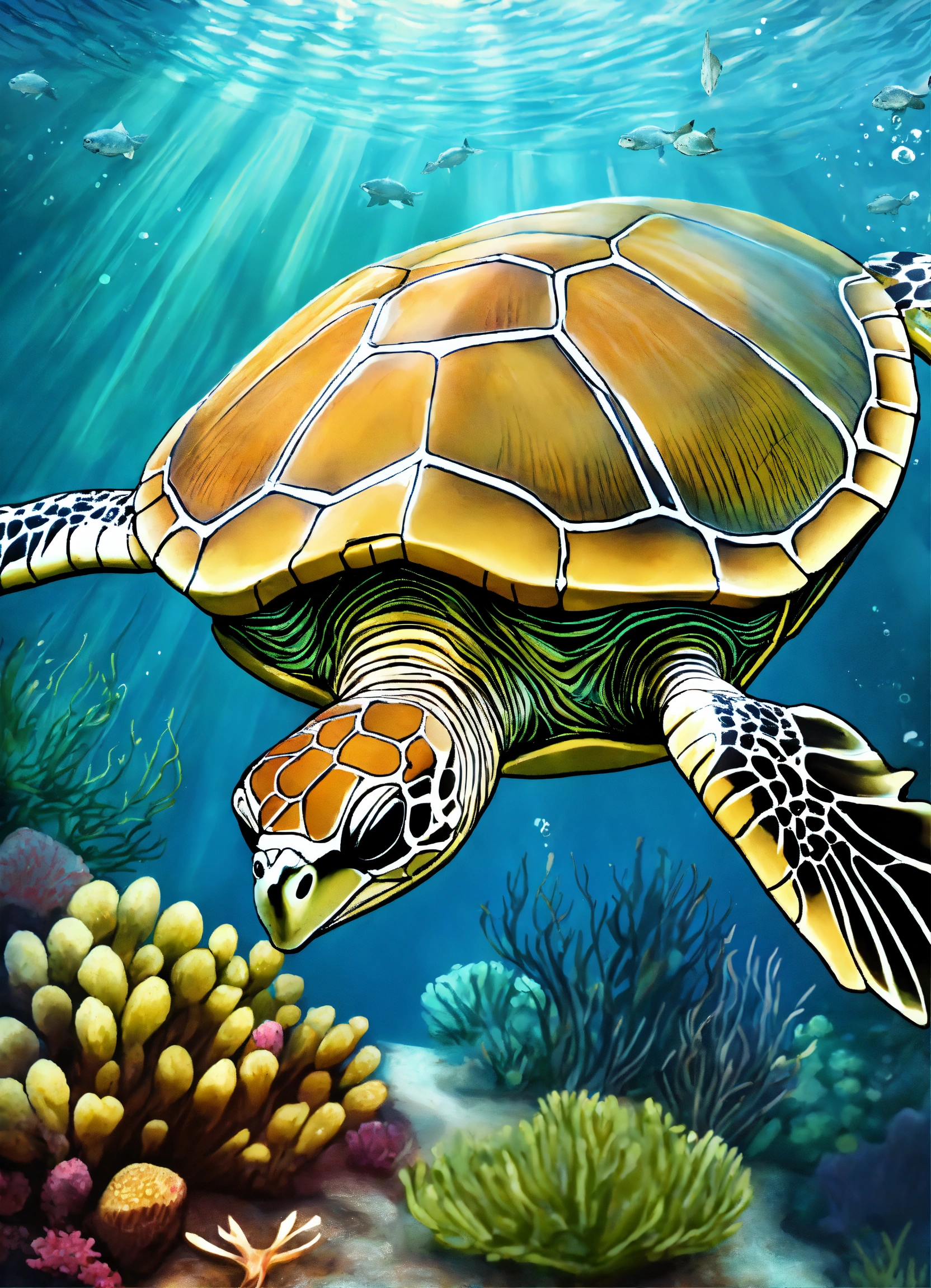 Lexica - Olive Ridley Sea Turtle in the sea, realistic art, line art ...
