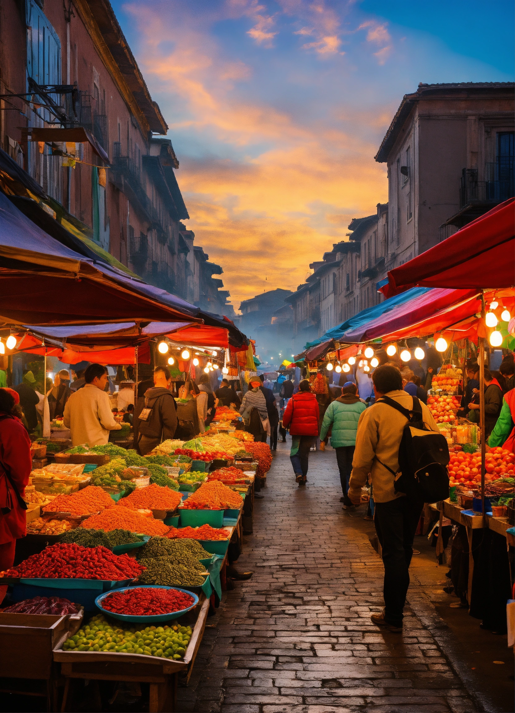 Lexica - A lively street market with colorful stalls, vendors, and ...