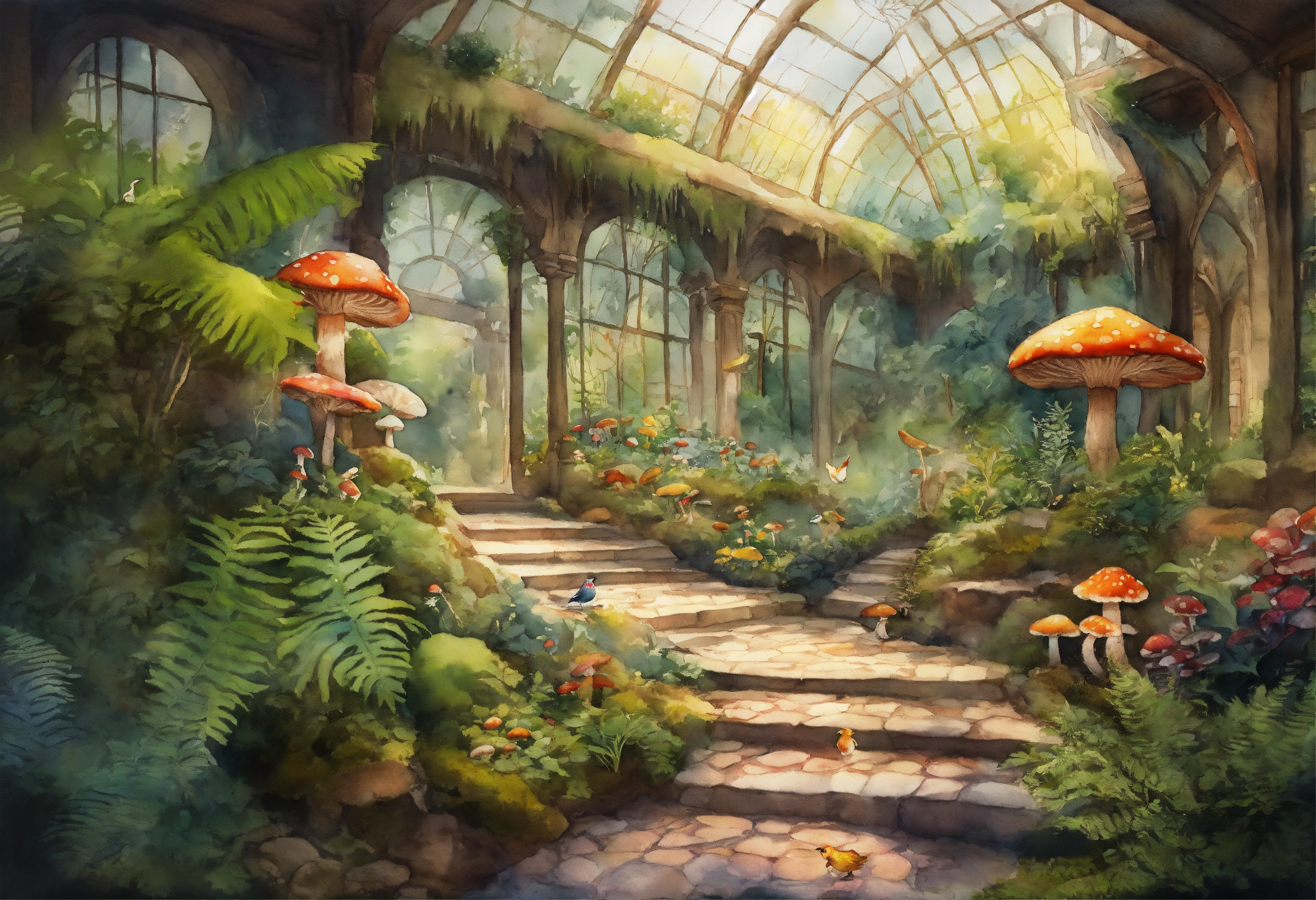 Lexica - A cobblestone pathway winding through an aviary atrium filled ...