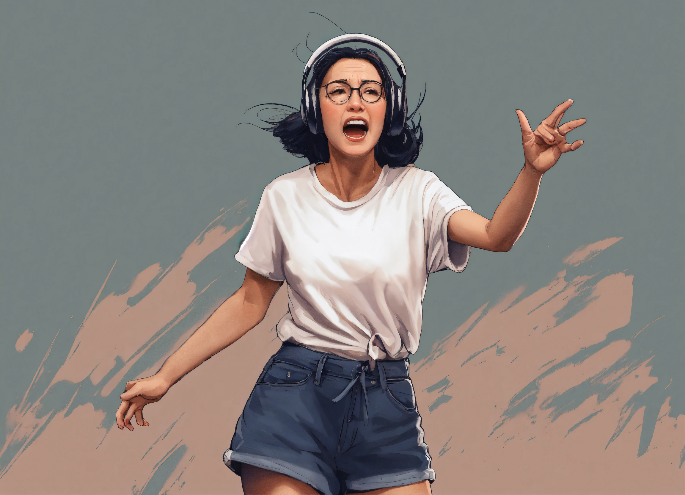 Lexica - A scared lady frantically waving her hands and pointing ...