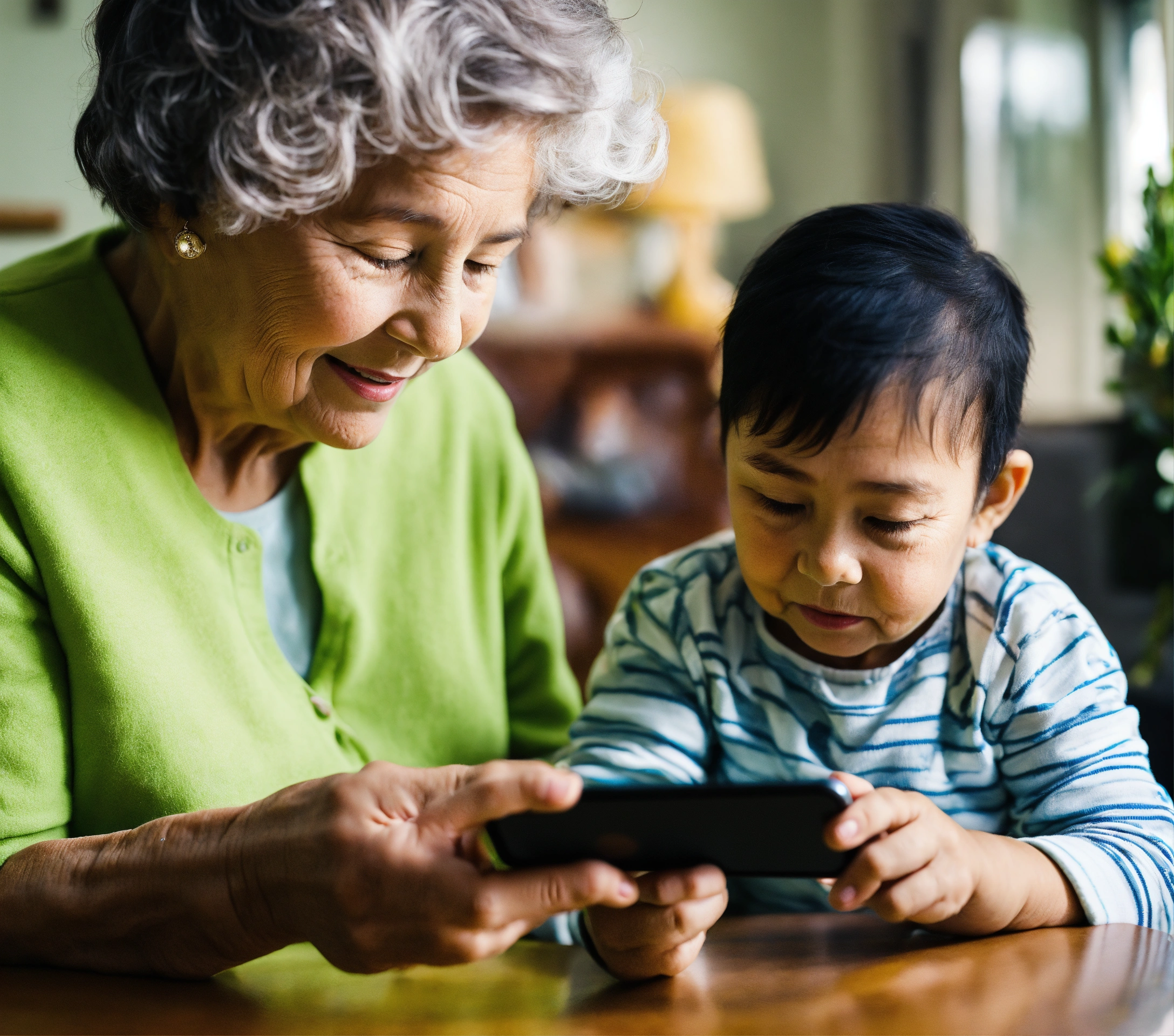 Lexica - Young child using an iPhone while a grandmother looks on