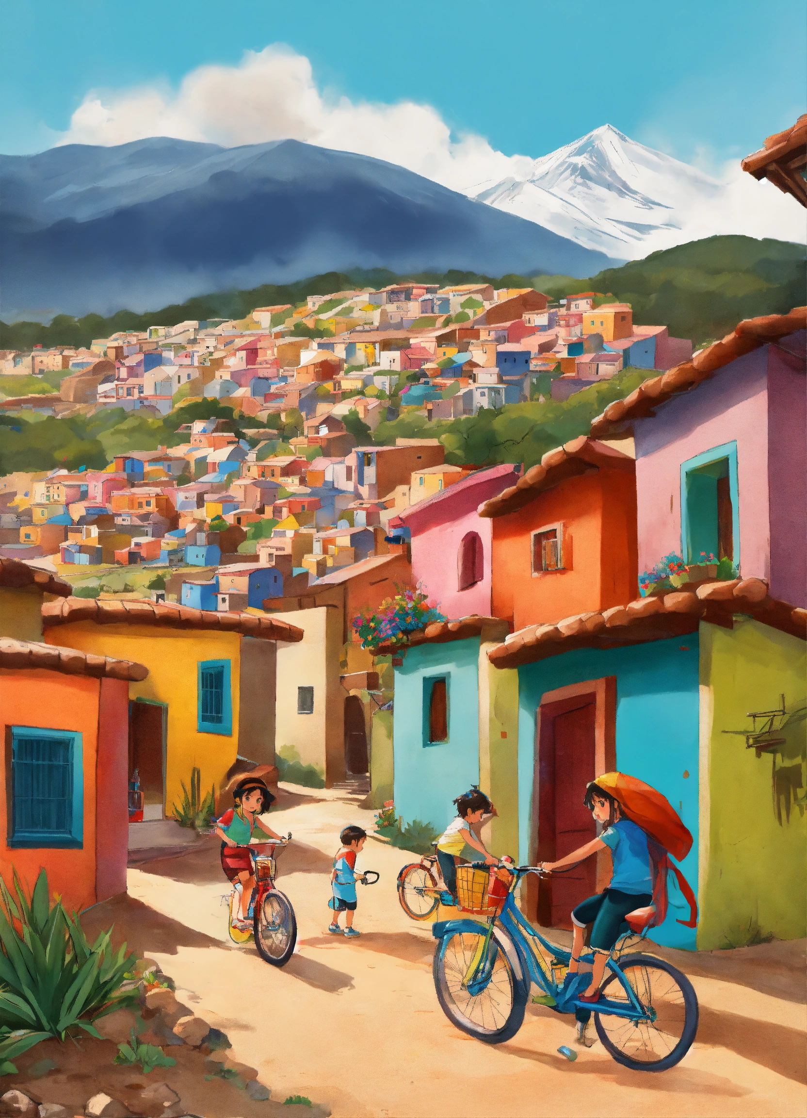 Lexica - Barrio de pueblo en montaña, con casas de colores y techos de  colores, niños montando bicicleta, dibujo animado, rostros nítidos y  precisos...