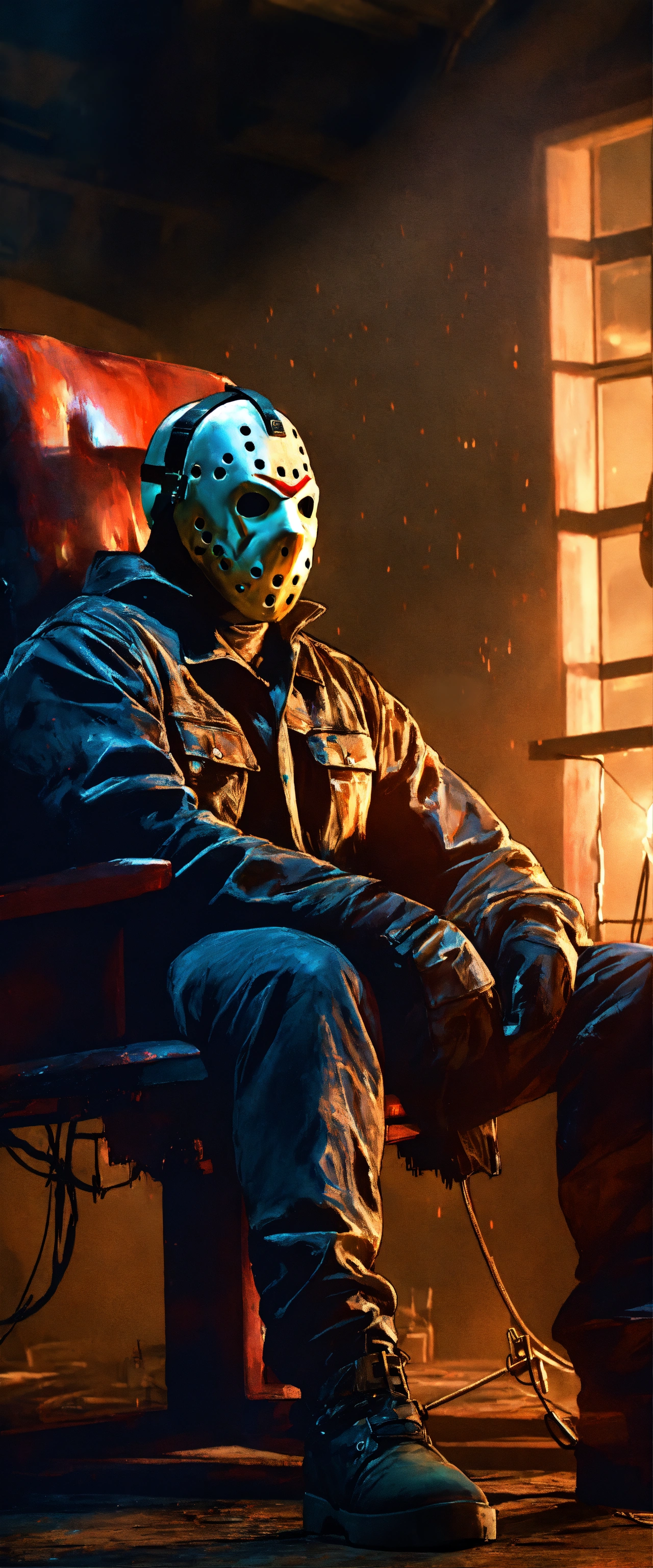 Lexica - Jason Voorhees sitting on an electric chair in the foreground ...