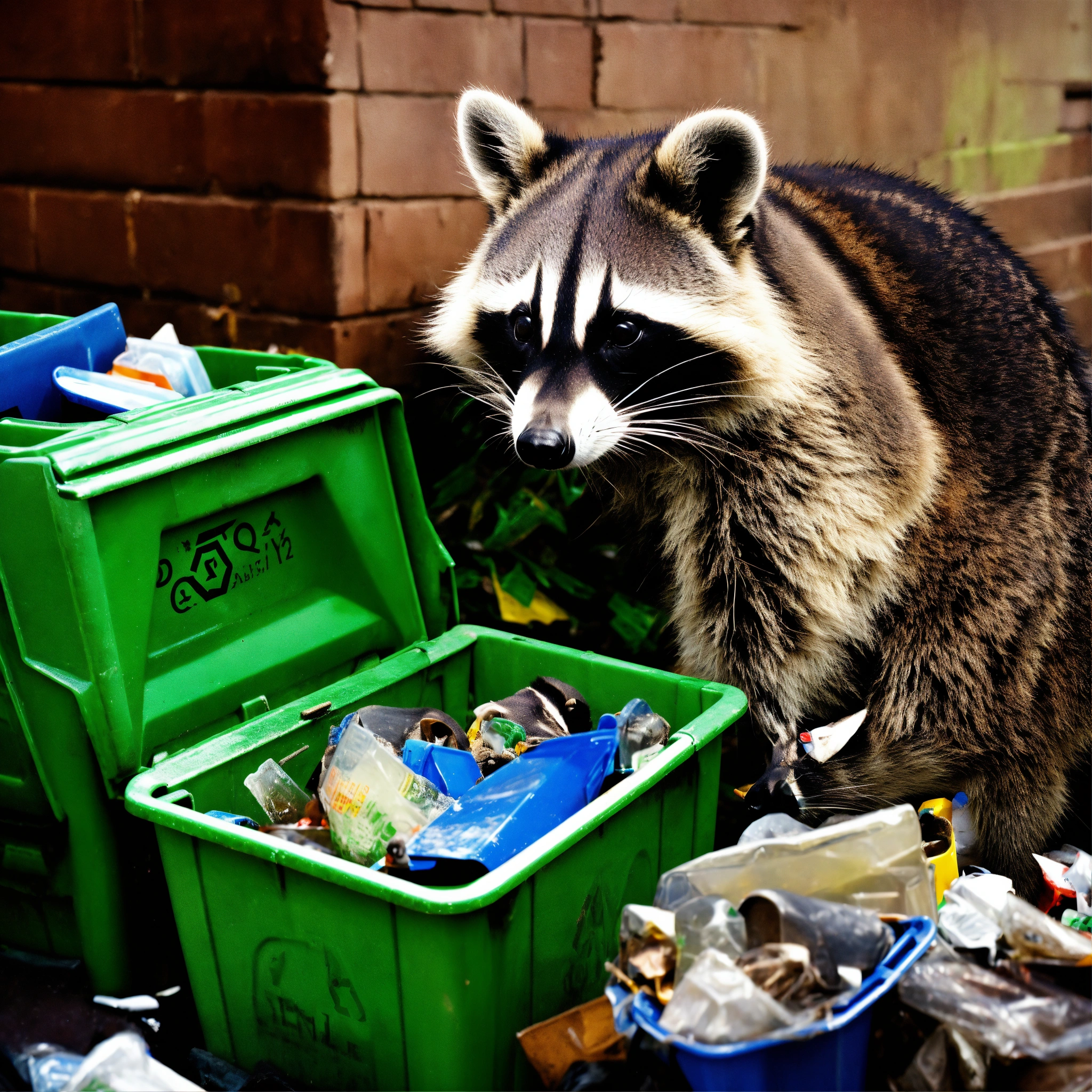 Lexica - A photograph of a raccoon digging through recycling bins, surreal