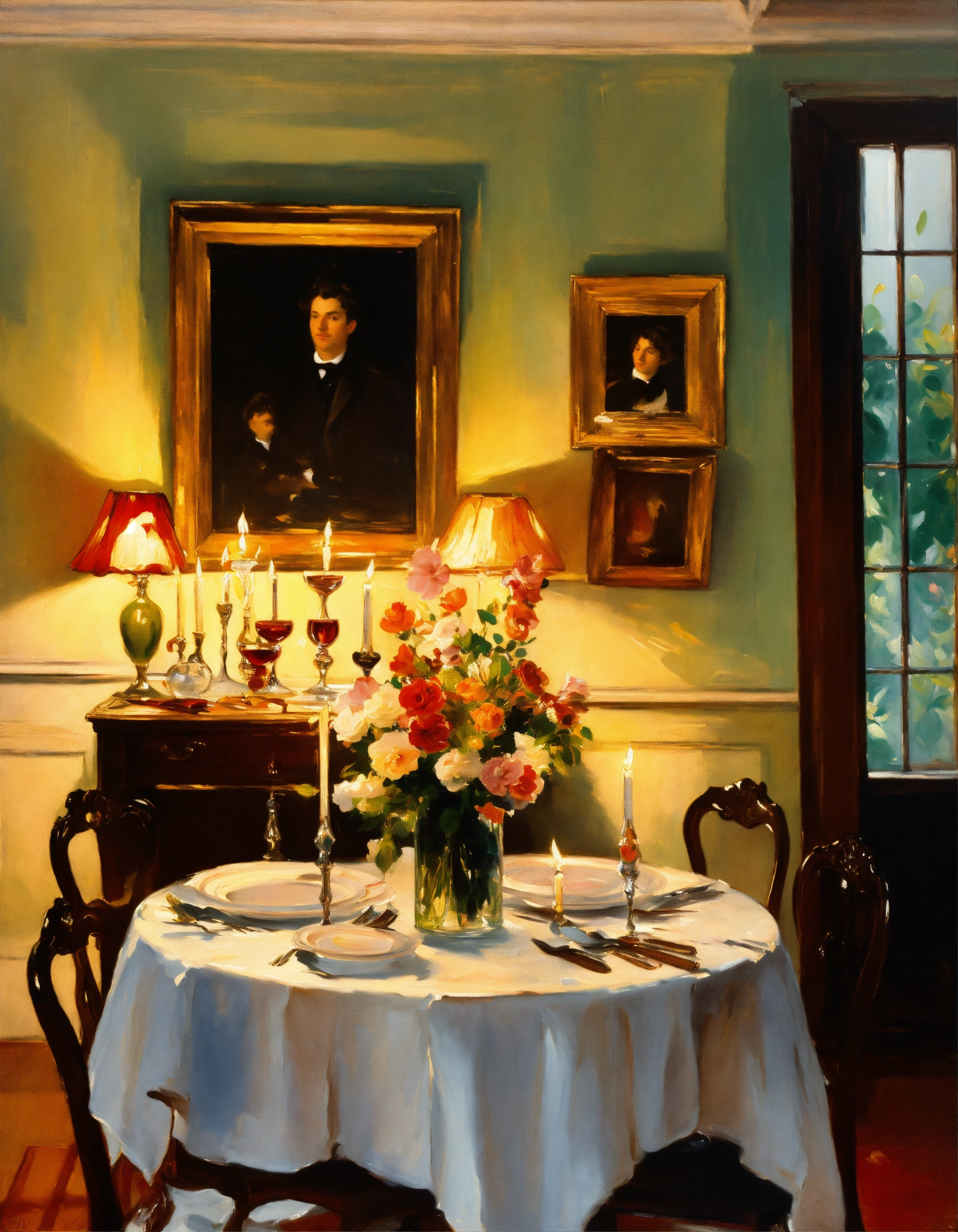 Lexica - Oil painting of a dining room table, lit candles, fork and ...