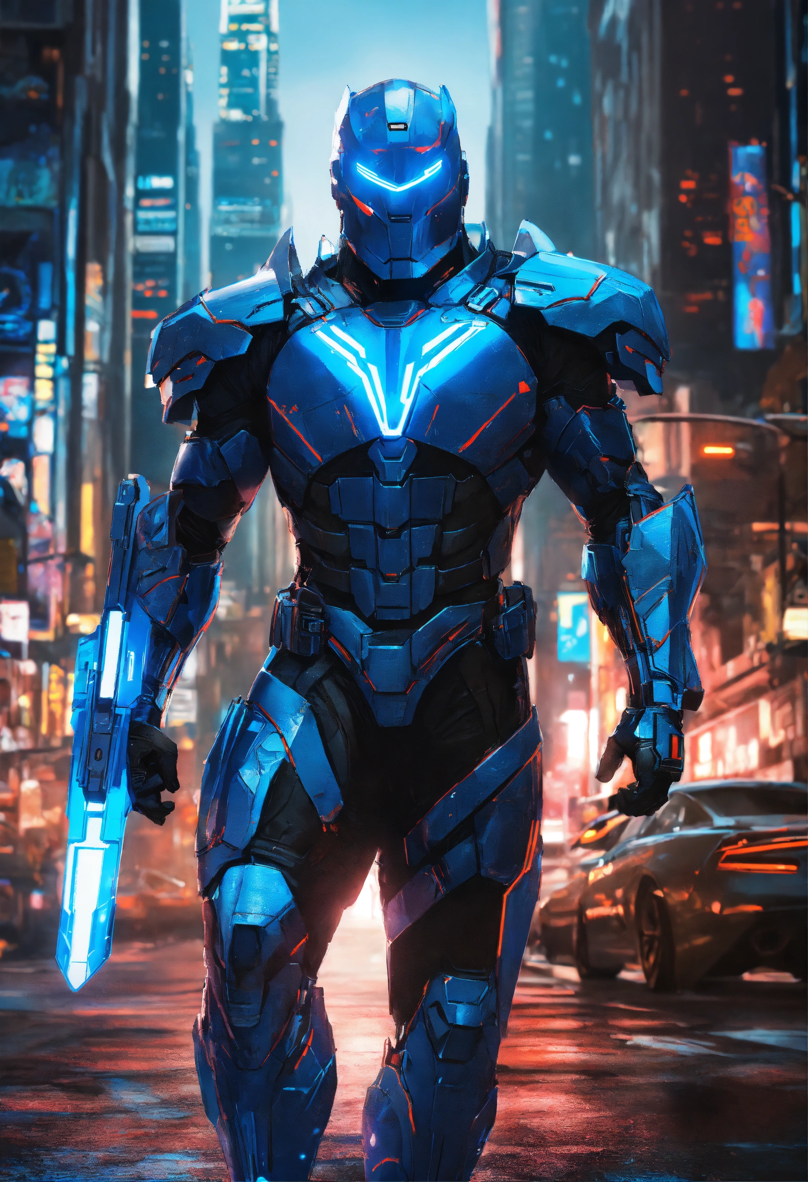 Lexica - Futuristic superhero, wearing a sleek suit of armor, neon blue ...