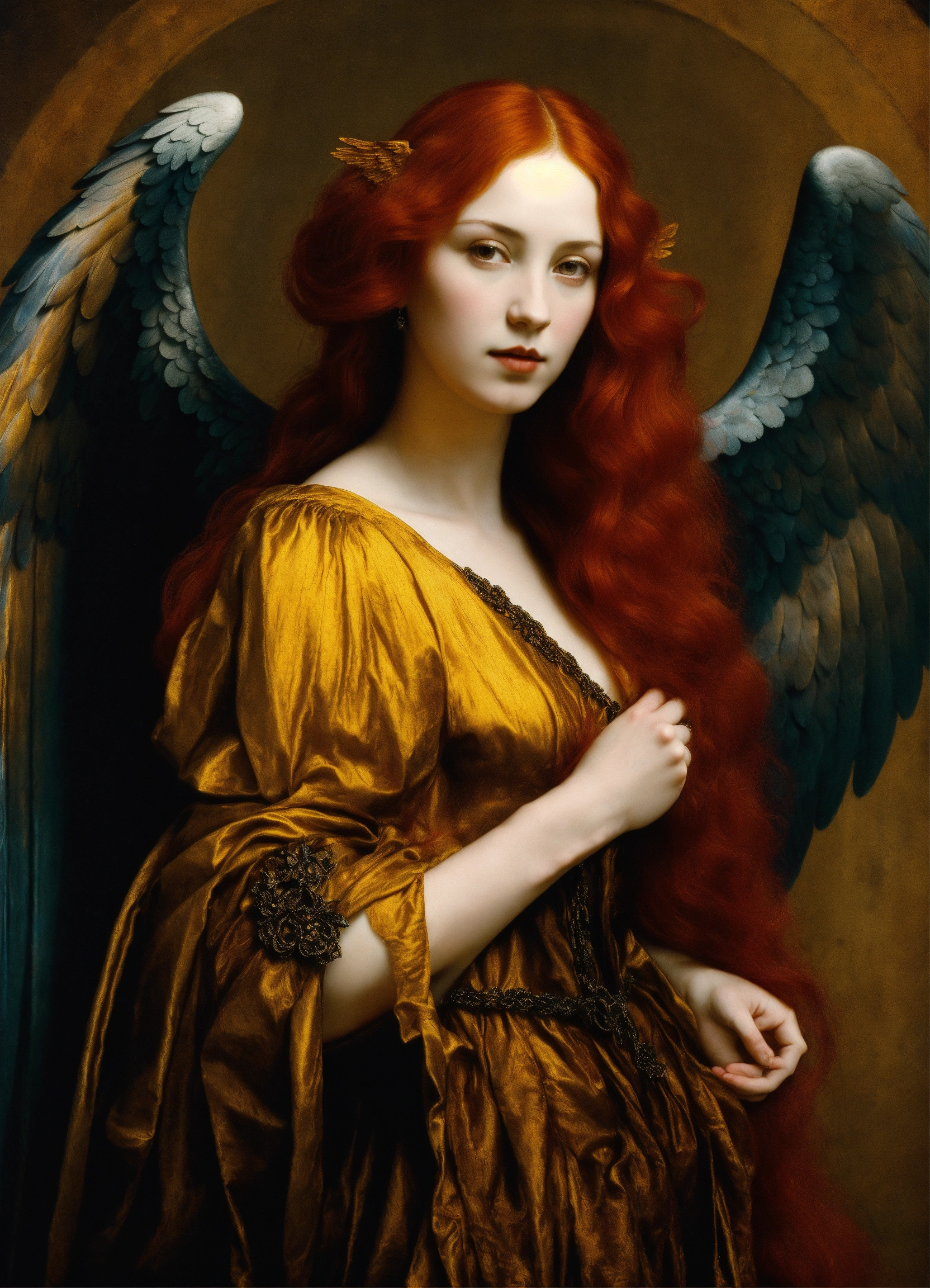 Lexica - Gothic woman with angel wings, long red hair, titian, da vinci ...