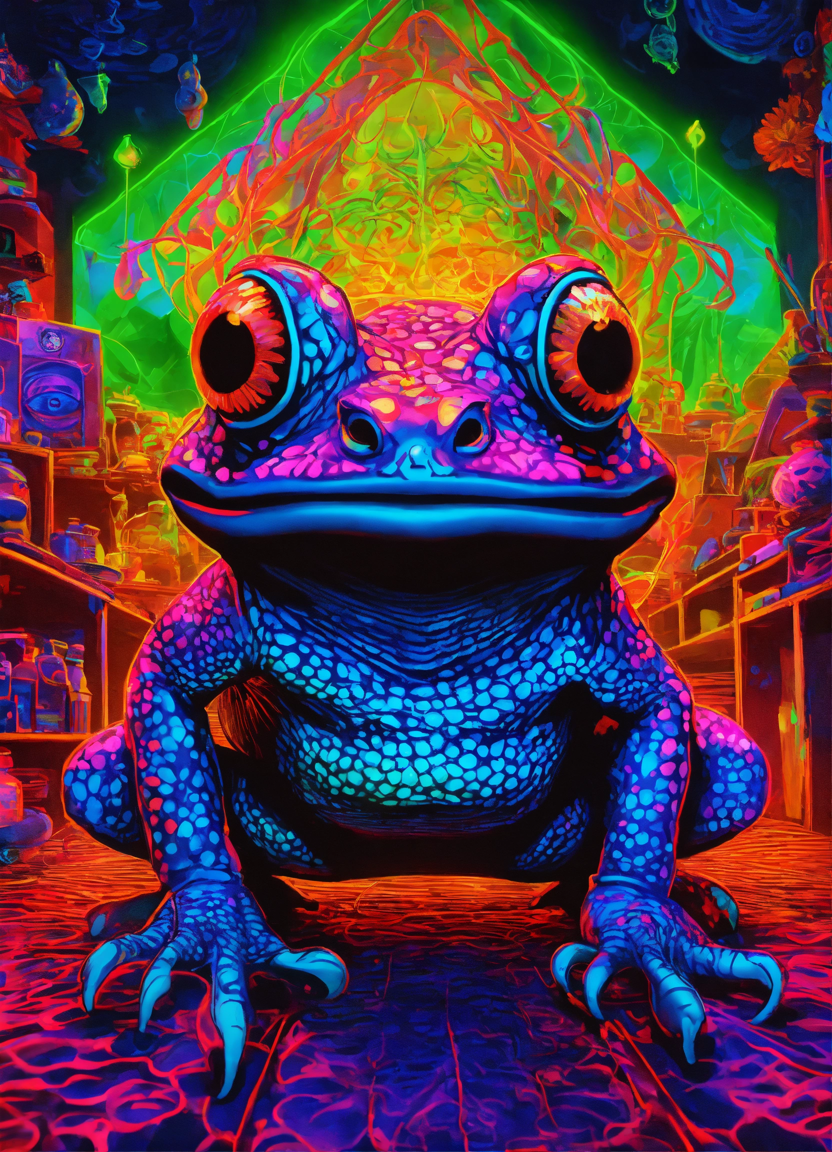 Lexica - A DMT LSD Toad in a neon black light DMT room