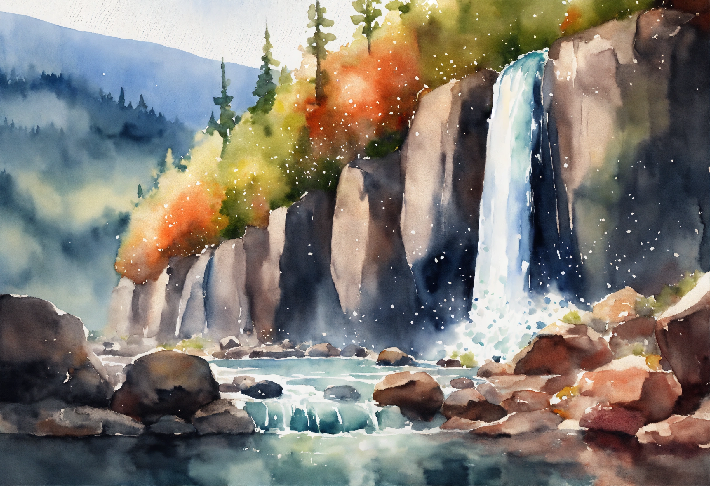 Lexica - Waterfall watercolor paint with rocks on side, 8k
