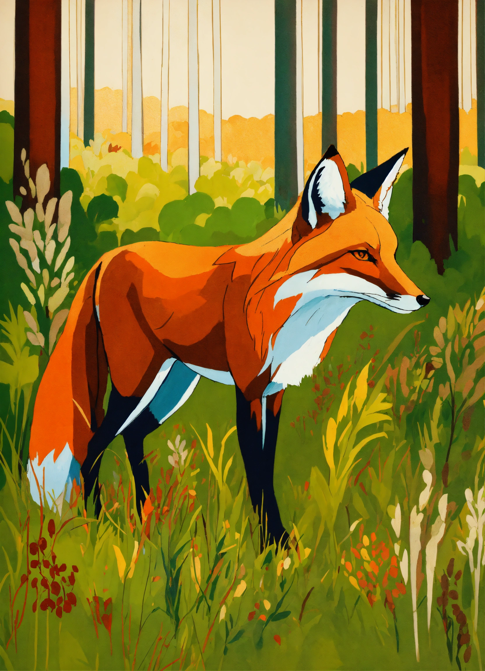 Lexica - Stylistic painting of the side view of a fox hunting in tall ...