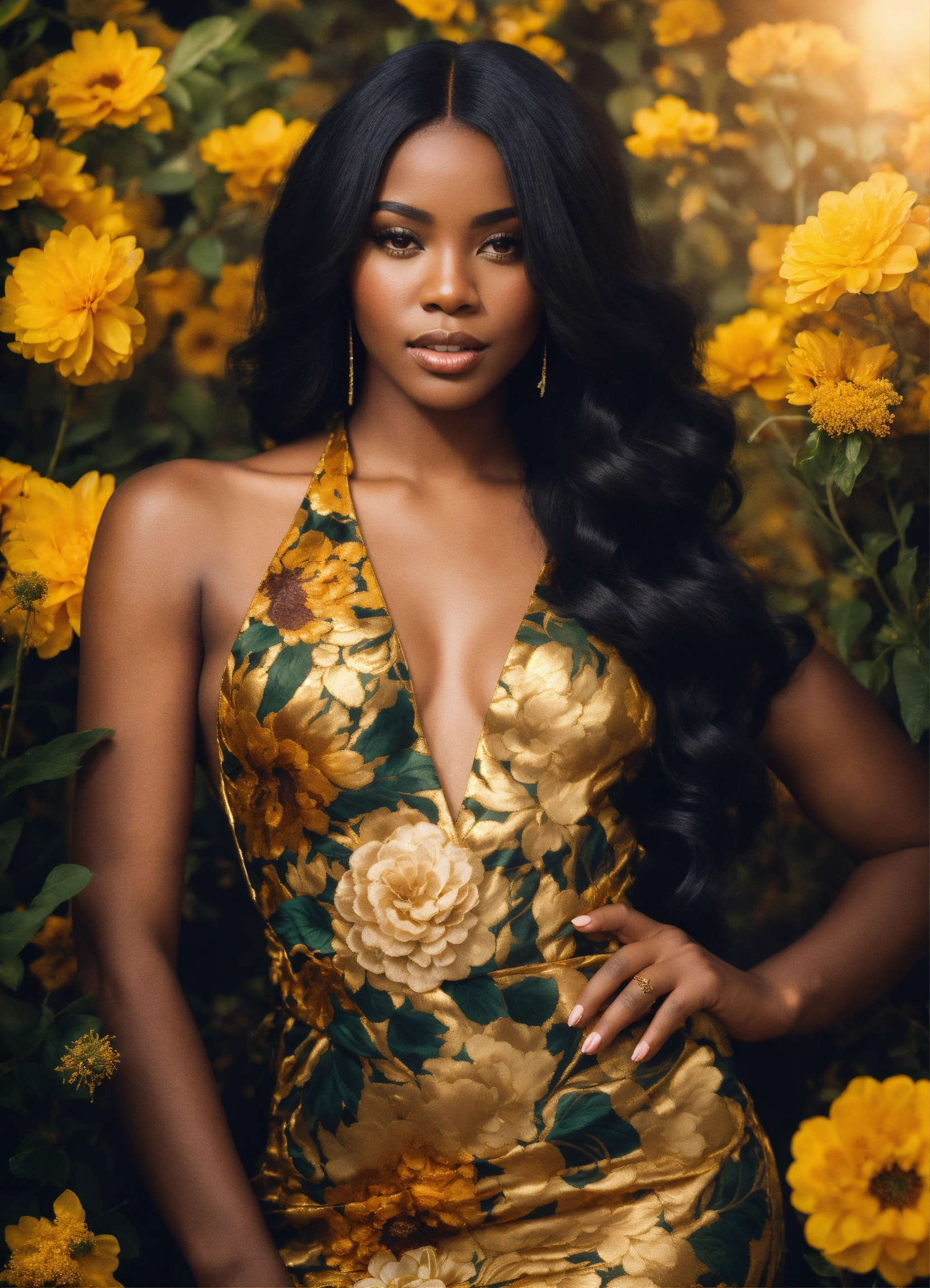 Lexica A beautiful shapely brunette black woman with long black hair dressed in a gold dress with beautiful flowers and nature around her