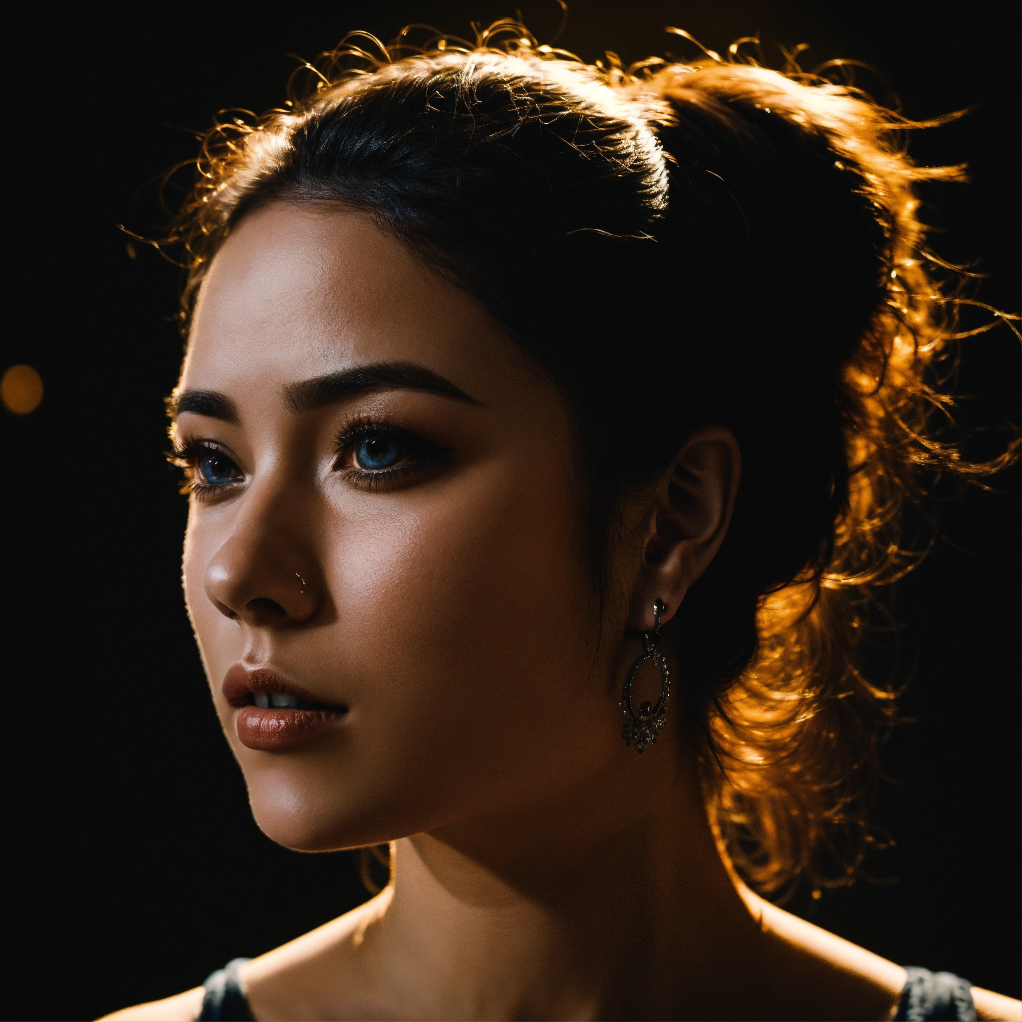 Lexica - We see a woman from the waist up, this woman raised her eyes ...