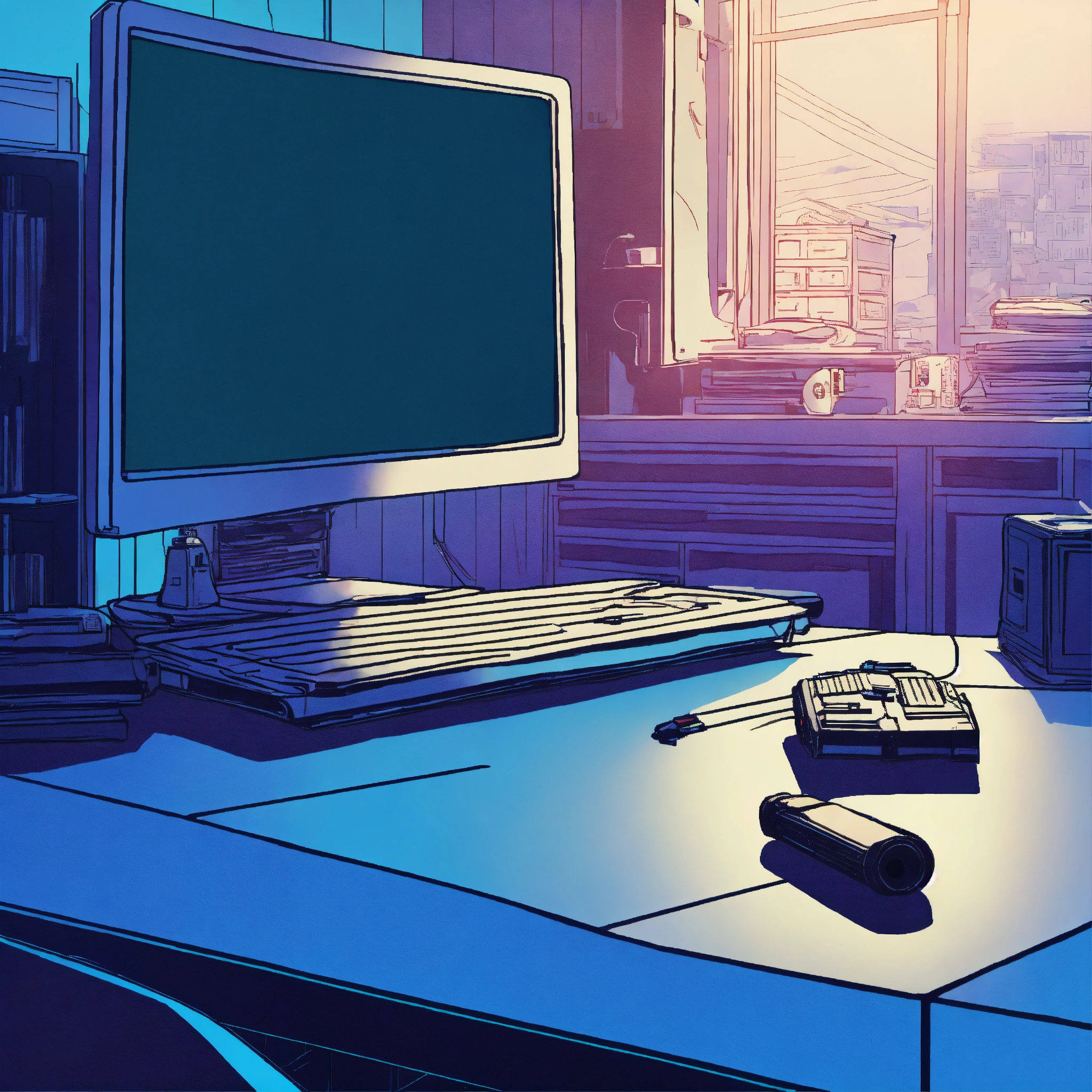Lexica - Crime screen gun on table, computer lineart moody blue simple