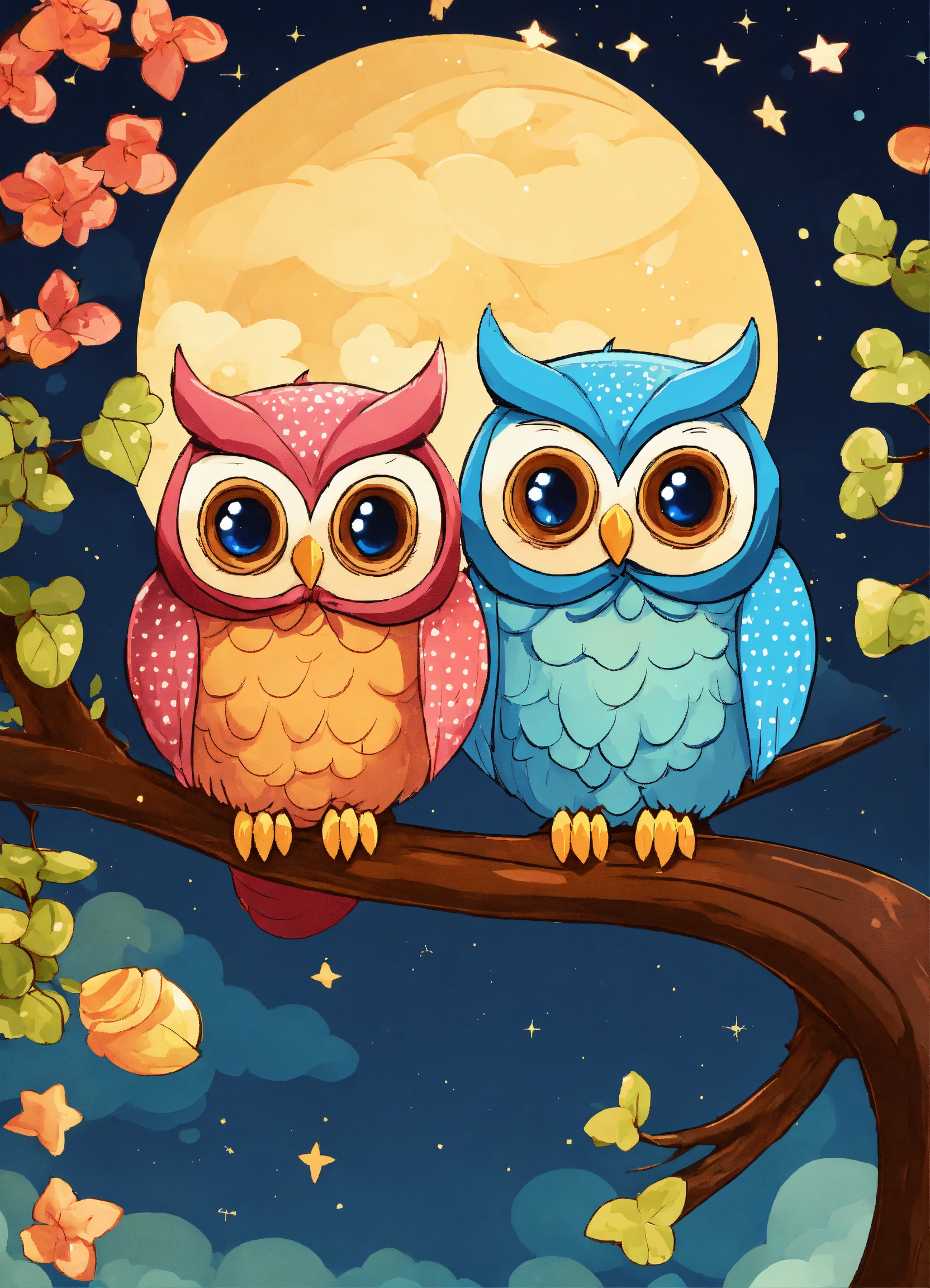 Lexica - Cartoon two owls sitting on a tree branch, one owl has a bow ...