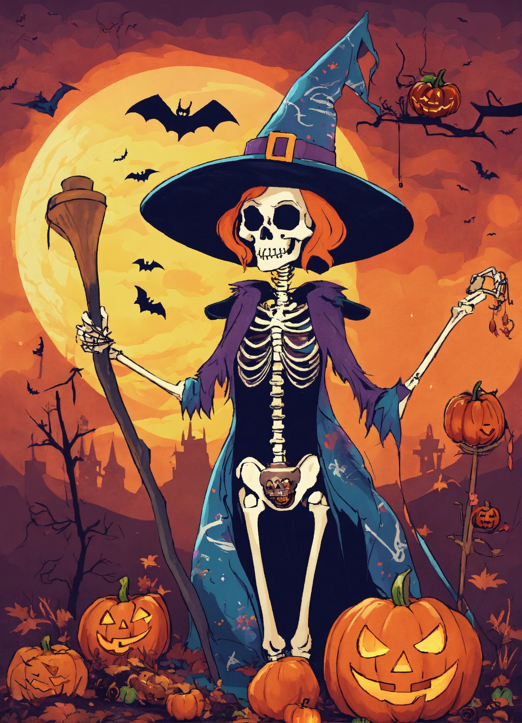 Lexica - Silly, spooky, colorful, skeleton witch. Halloween themed.