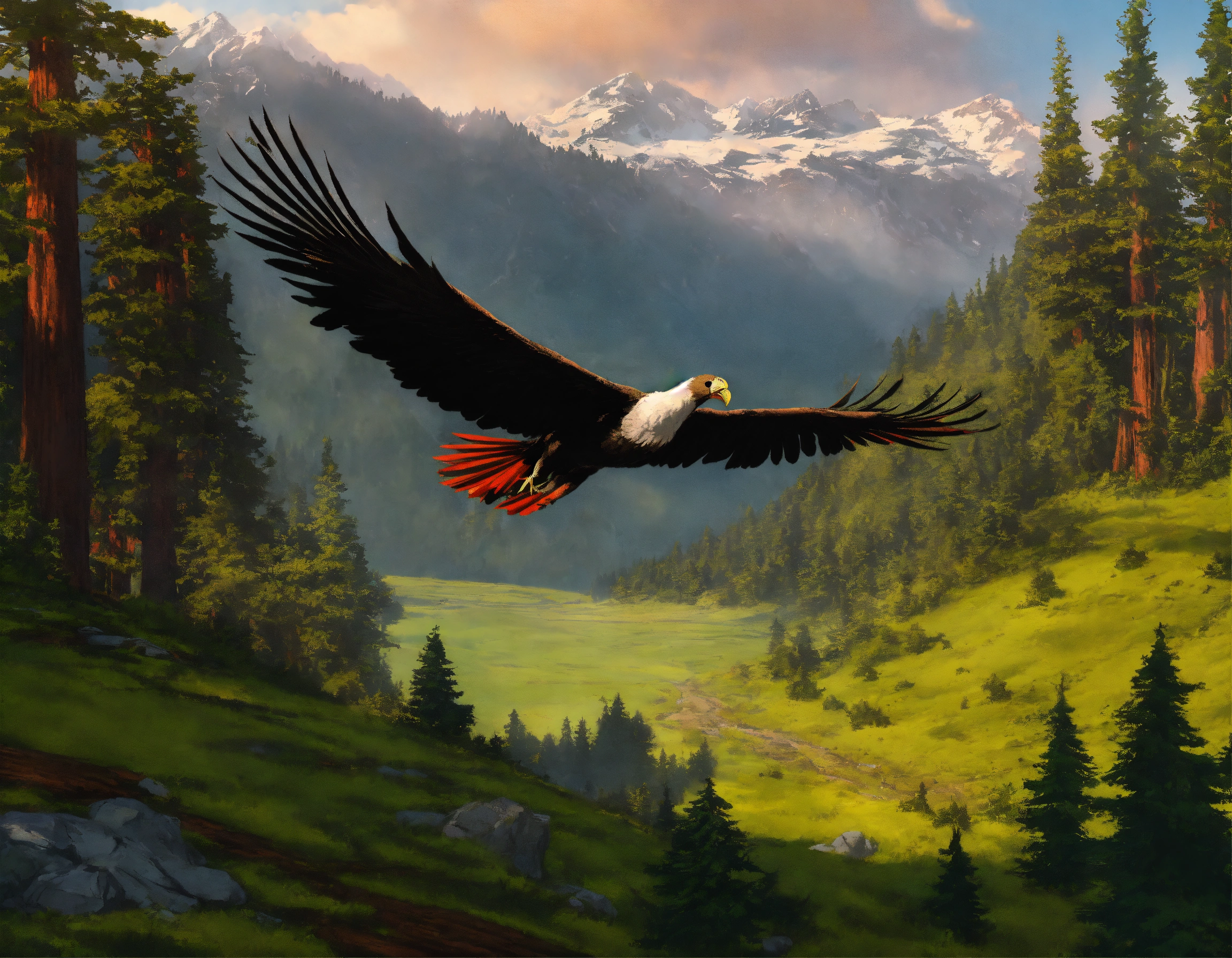 Lexica - Above view concept art of a big condor flying over a grassland ...