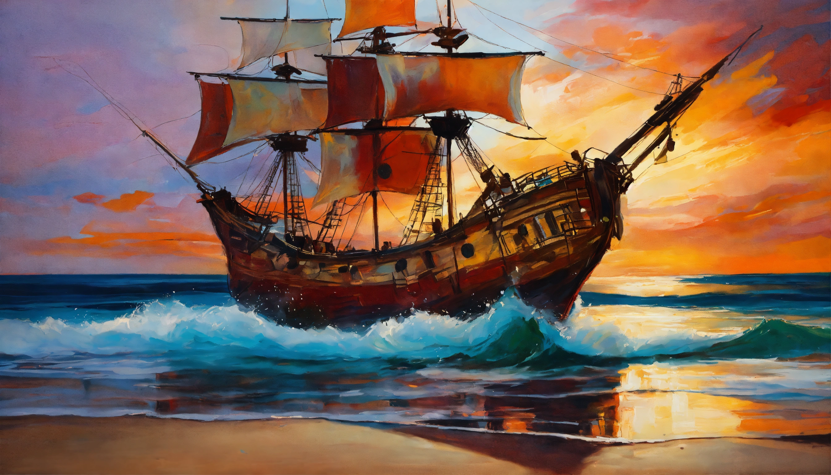 Lexica - Abstract expressionist oil painting of a pirate ship inside a ...