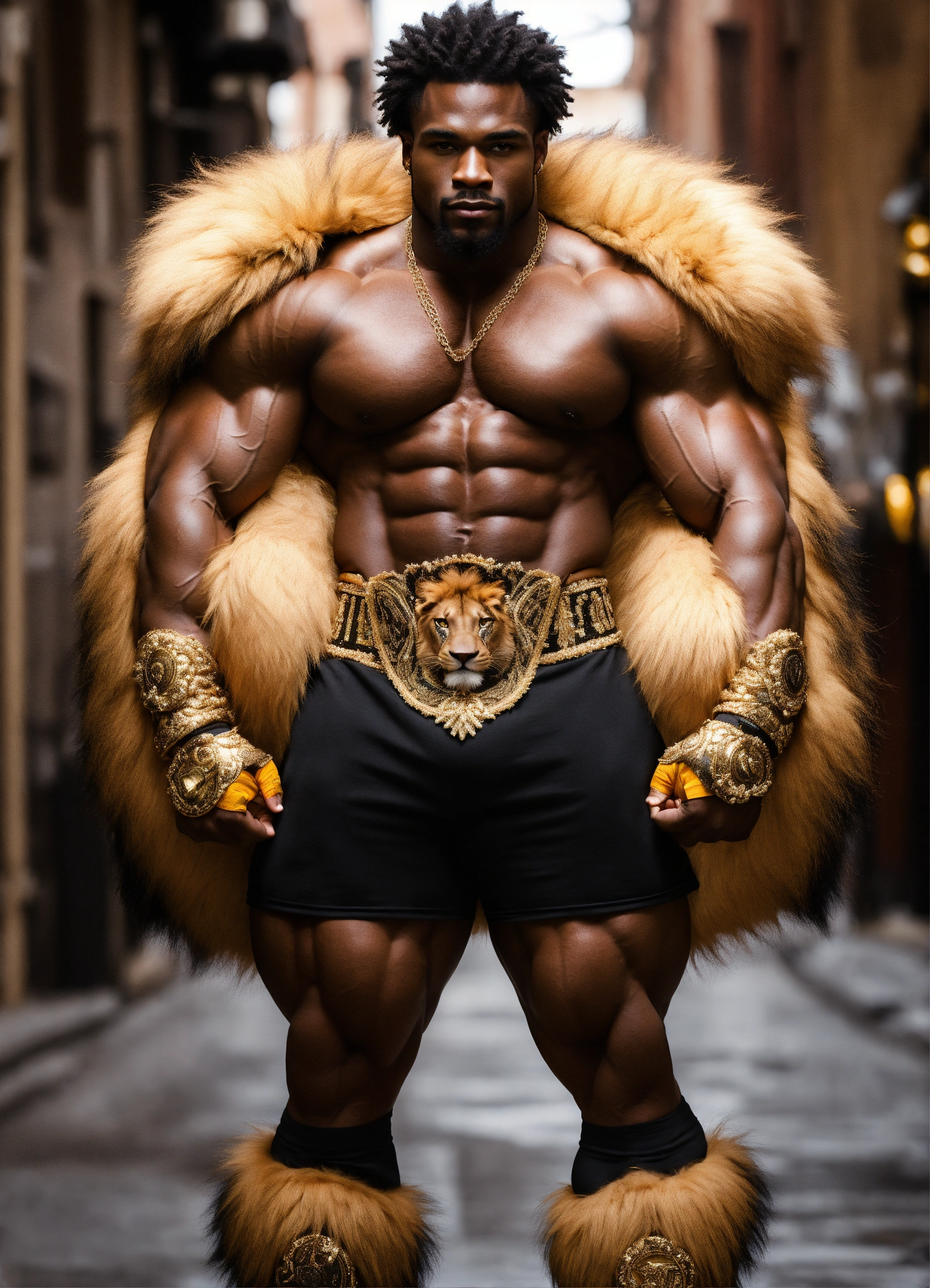 Lexica - A full picture of a handsome black bodybuilder in fur lion cloth