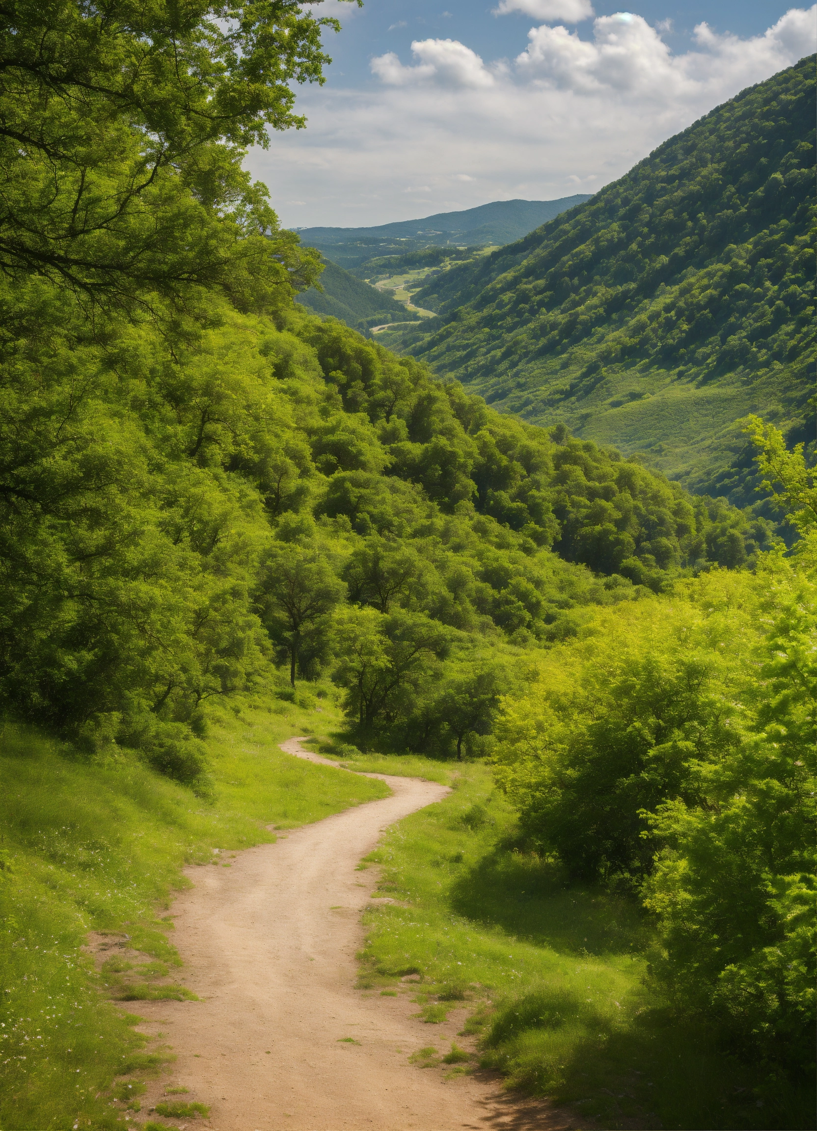 Lexica - Endless hiking trail in the middle, green trees, hills in the ...