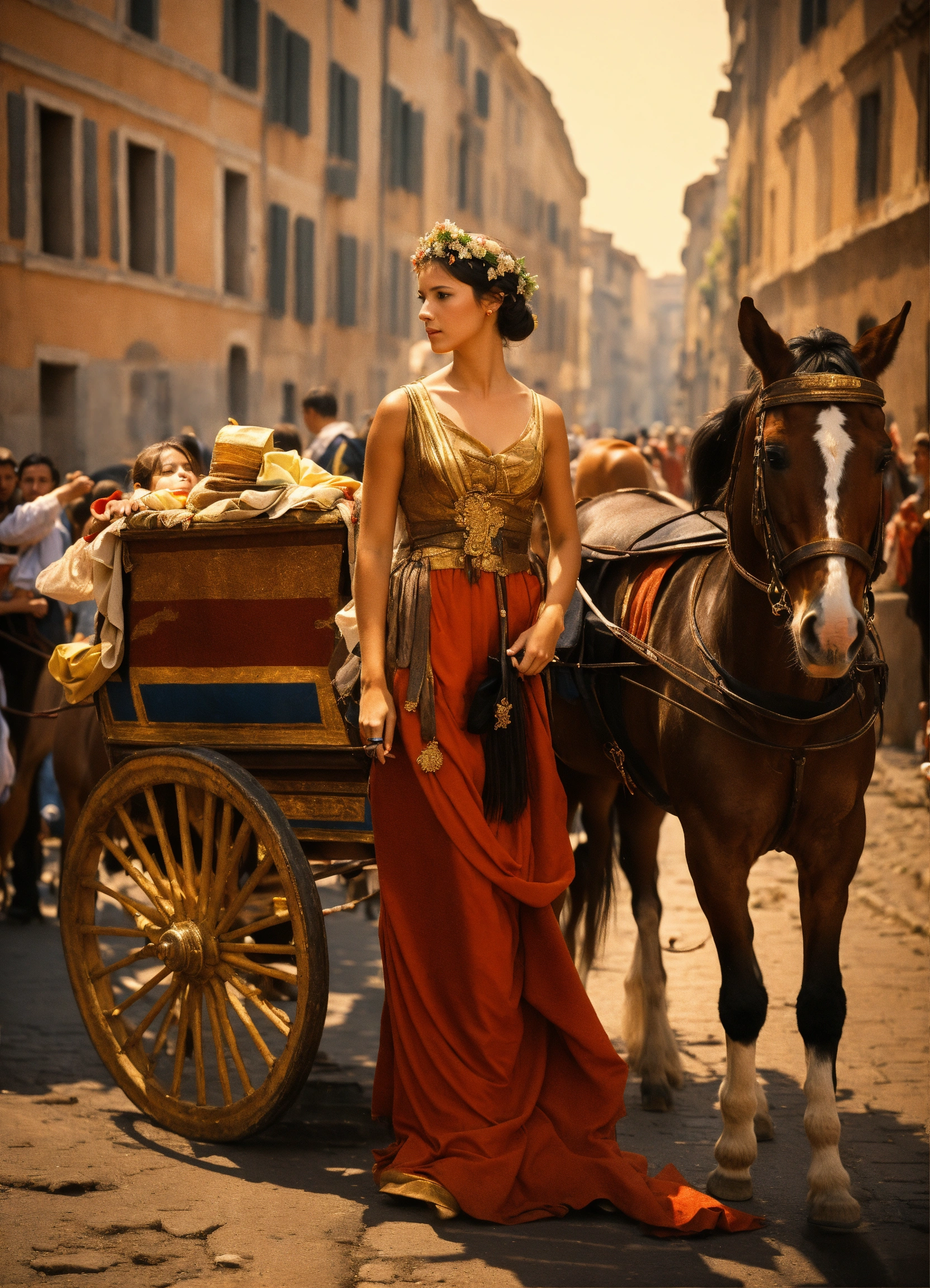Lexica - Ancient Rome, beautiful girl, walkhorsess on a road crowded ...