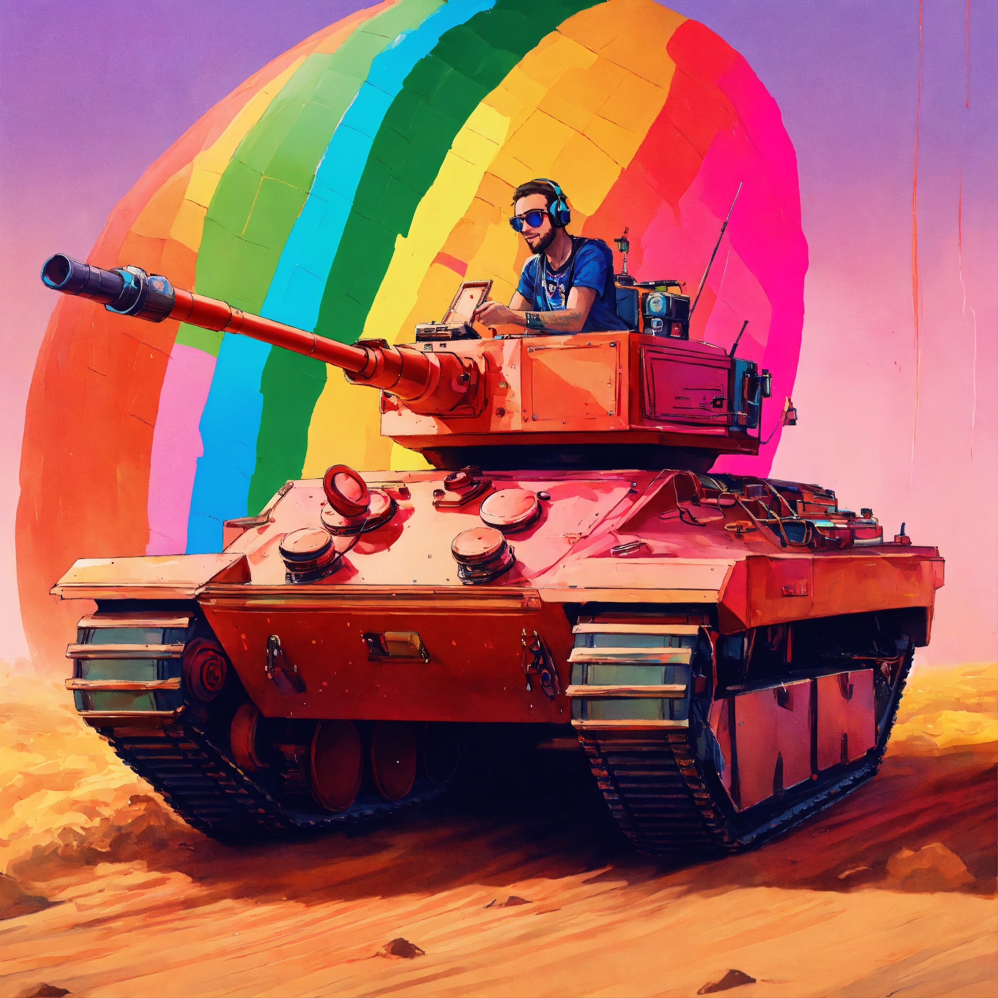 Lexica - A picture of a queer dj riding on a tank who shoots hearts ...