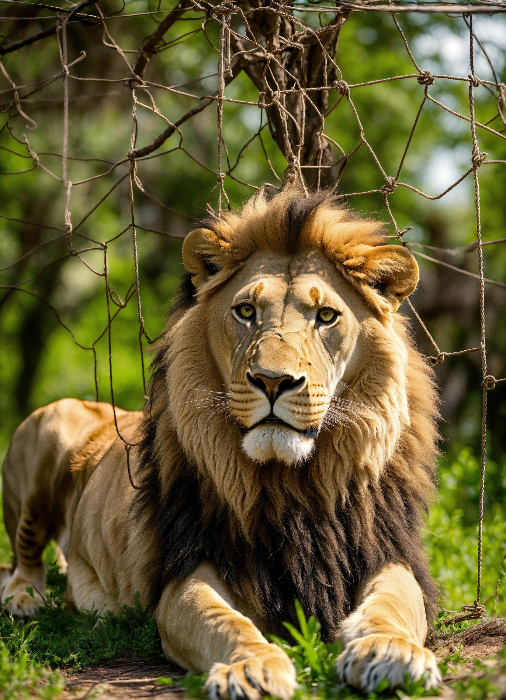 Lexica - Man hunter caught lion in net and hung net to tree