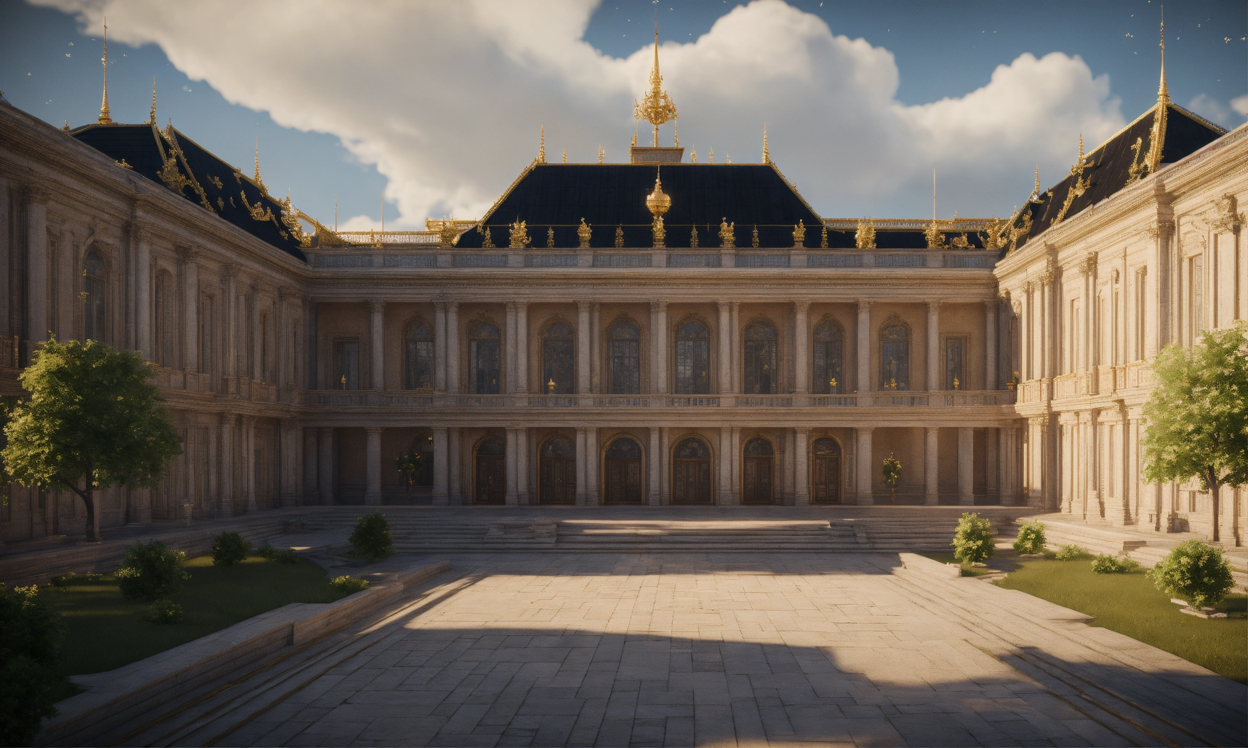 Lexica - Full image of a massive royal palace with a black roof, built ...