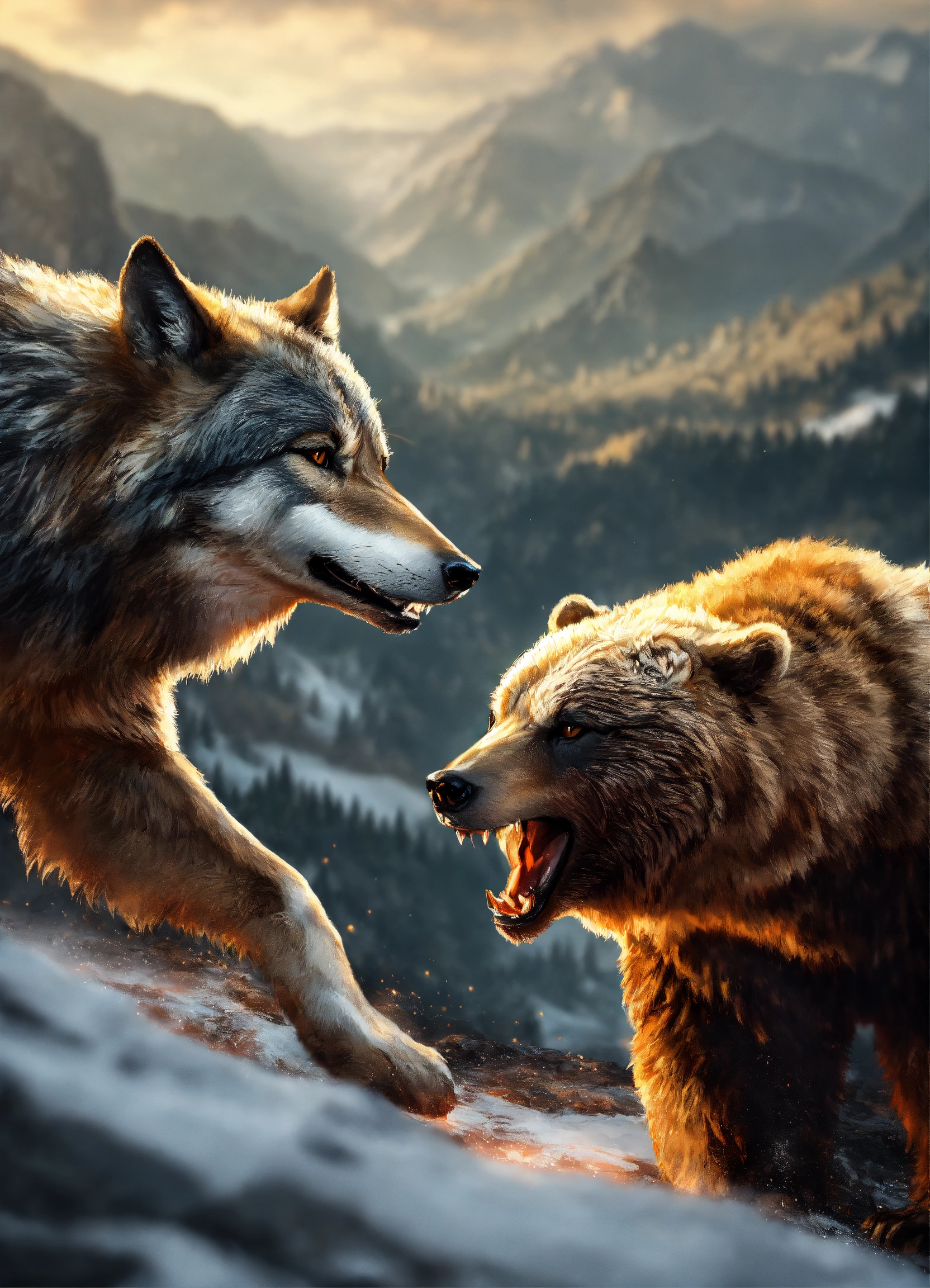 Lexica - A realistic Wolf fighting a bear in a Mountain, 8k