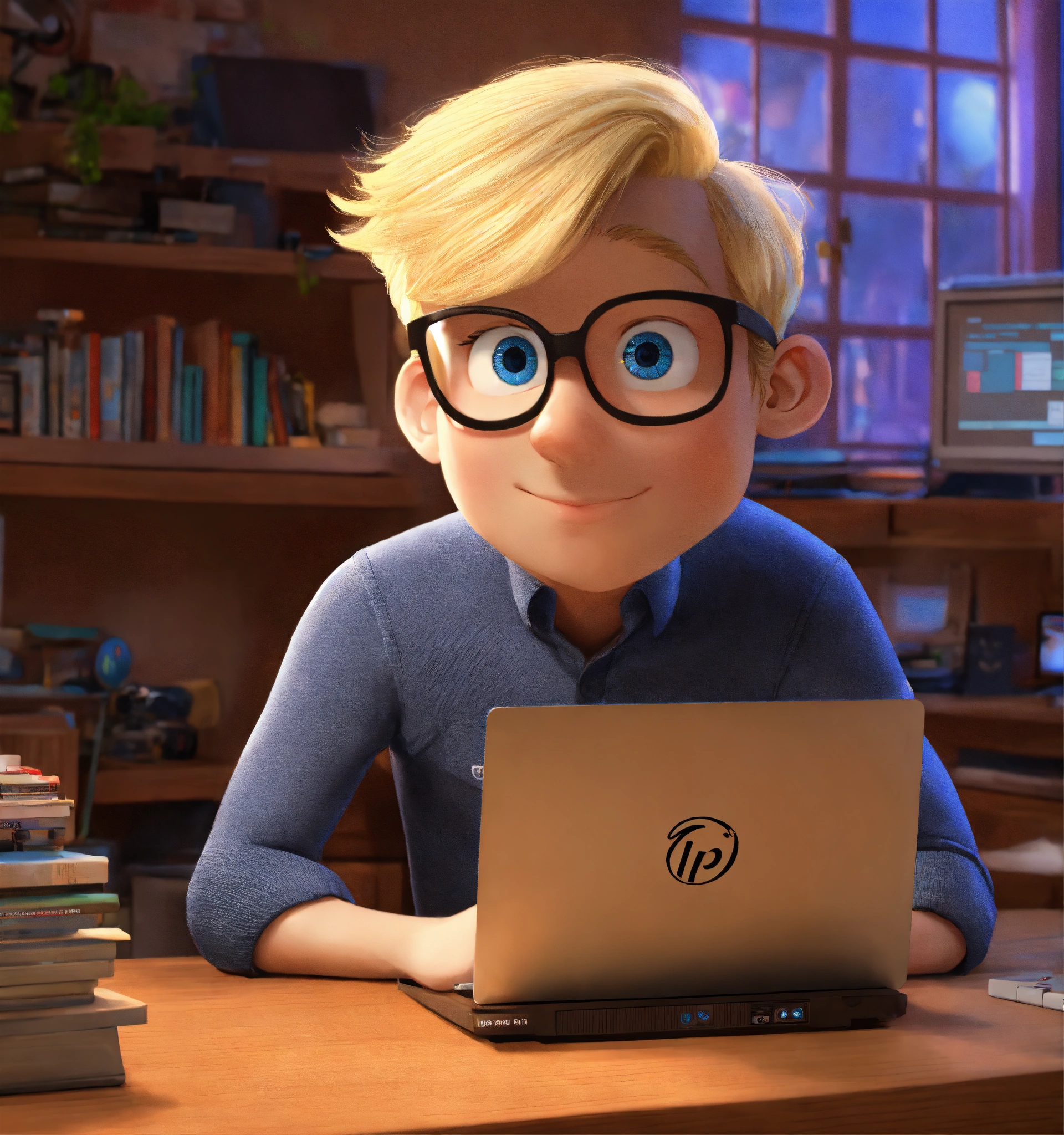 Lexica - Pixar man blonde full body blue eyes big nouse qith computer ...