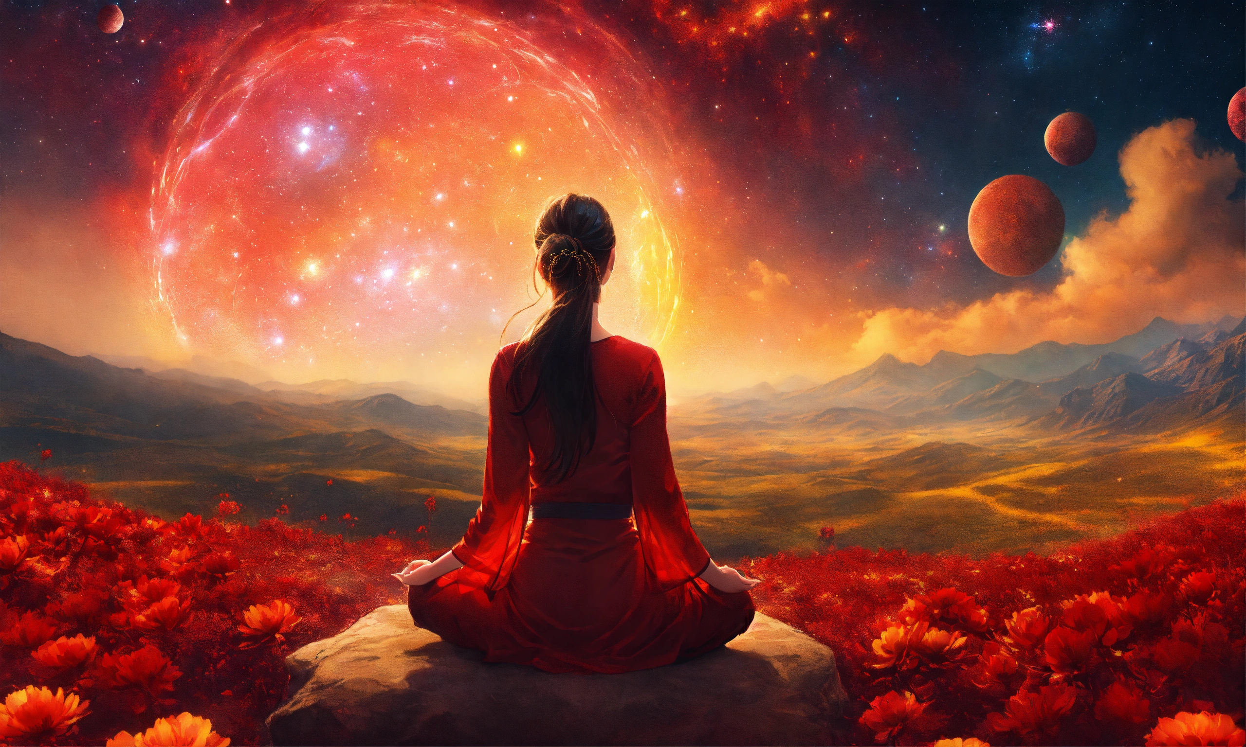 Lexica - Beautiful woman in Meditation posture, mountain, a vast field ...