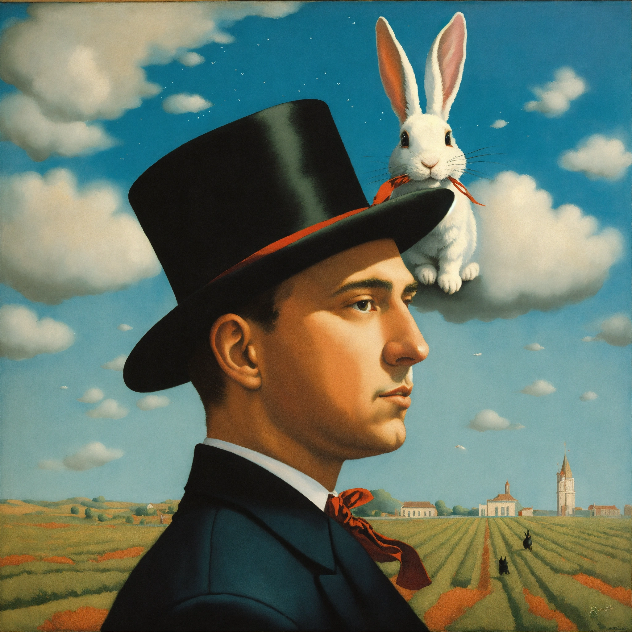 Lexica - Magician, painted by Rene Magritte with big magic rabbit with ...