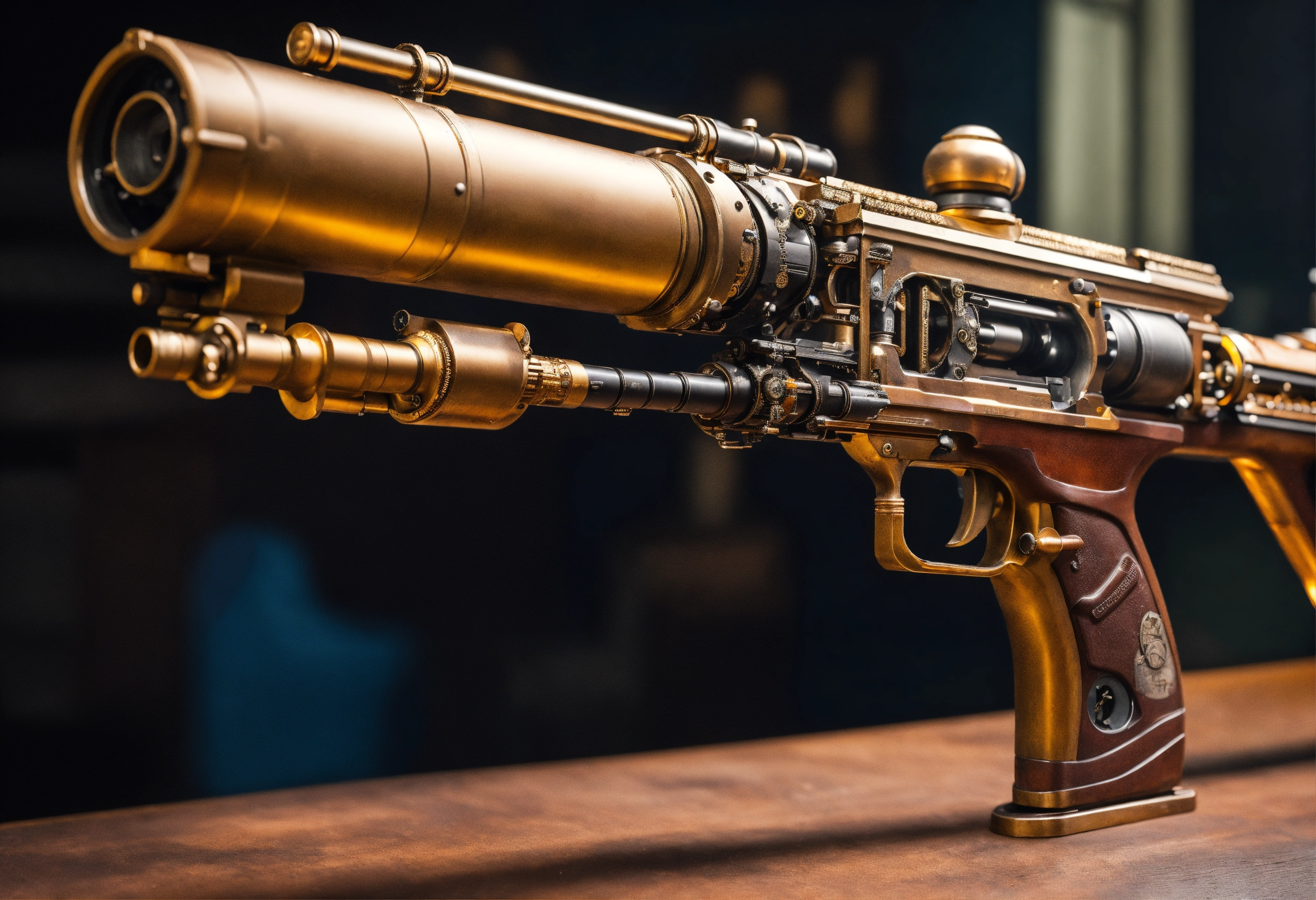Lexica - Side view of the full image of a steampunk energy rifle