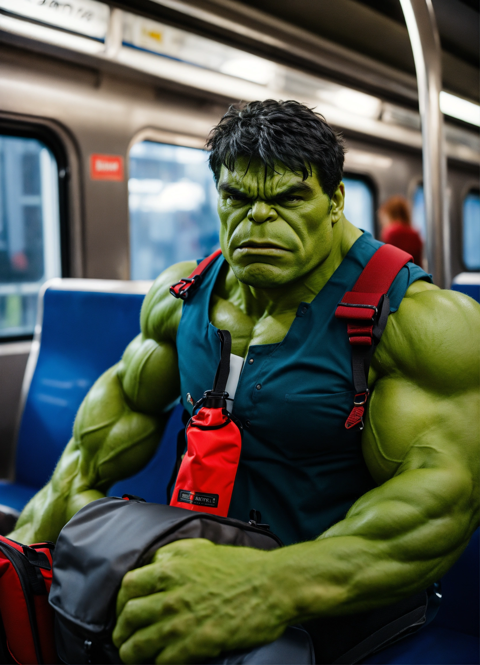 Lexica - Hulk wears a bag. riding the train with Juliet, the camera is ...