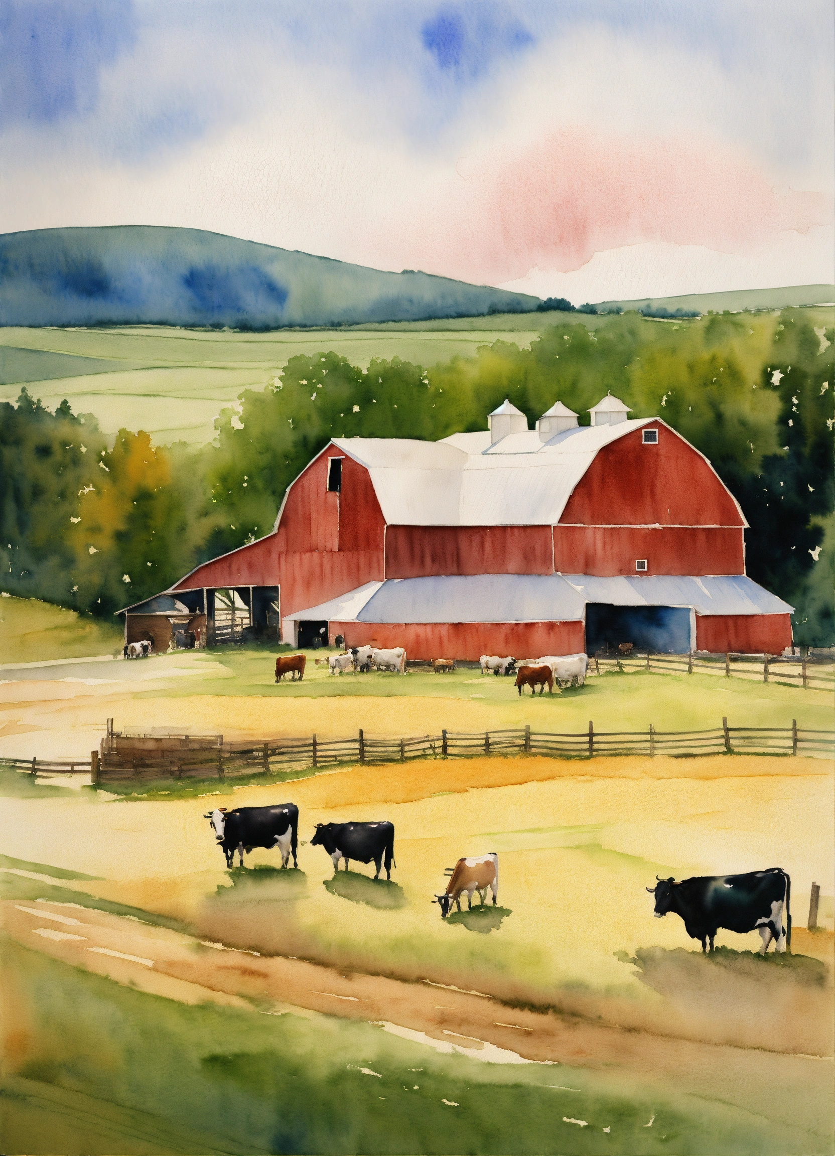 Lexica - Watercolor painting of a large farm, with a barn and cows