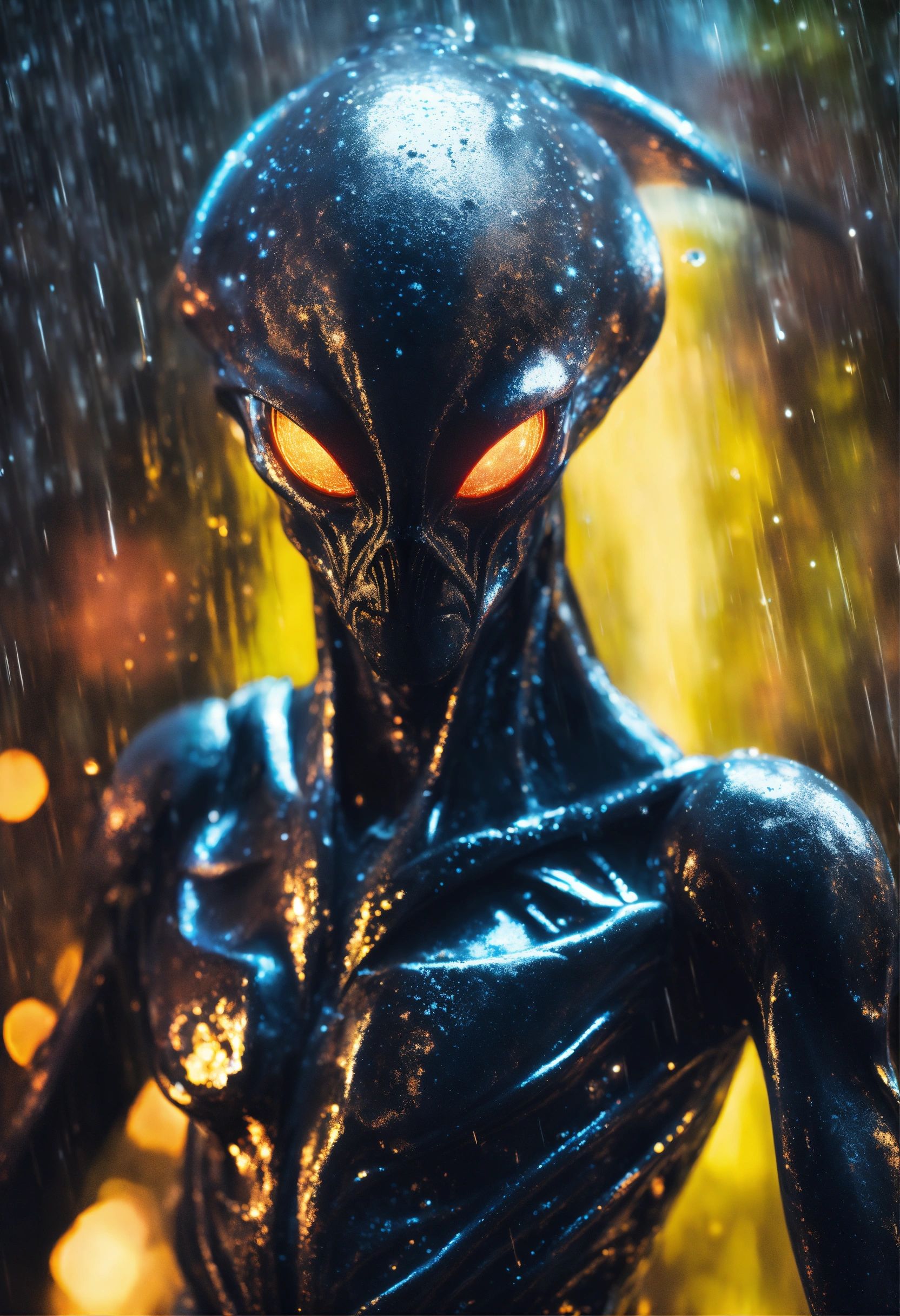 Lexica - An menacing alien with glowing eyes, in the pouring rain, in ...