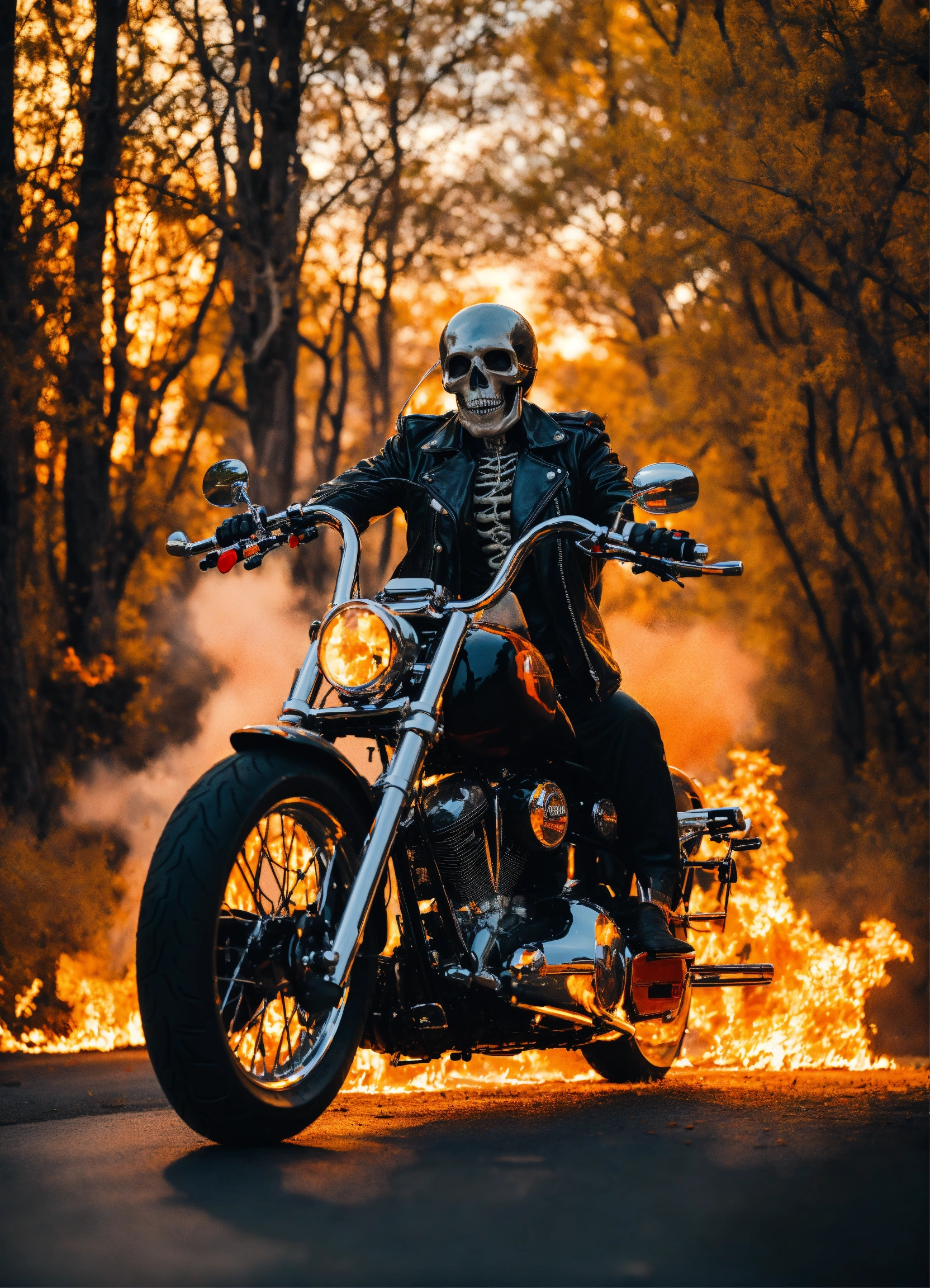 Lexica - Skeleton on fire riding a harley davidson motorcycle, worn ...