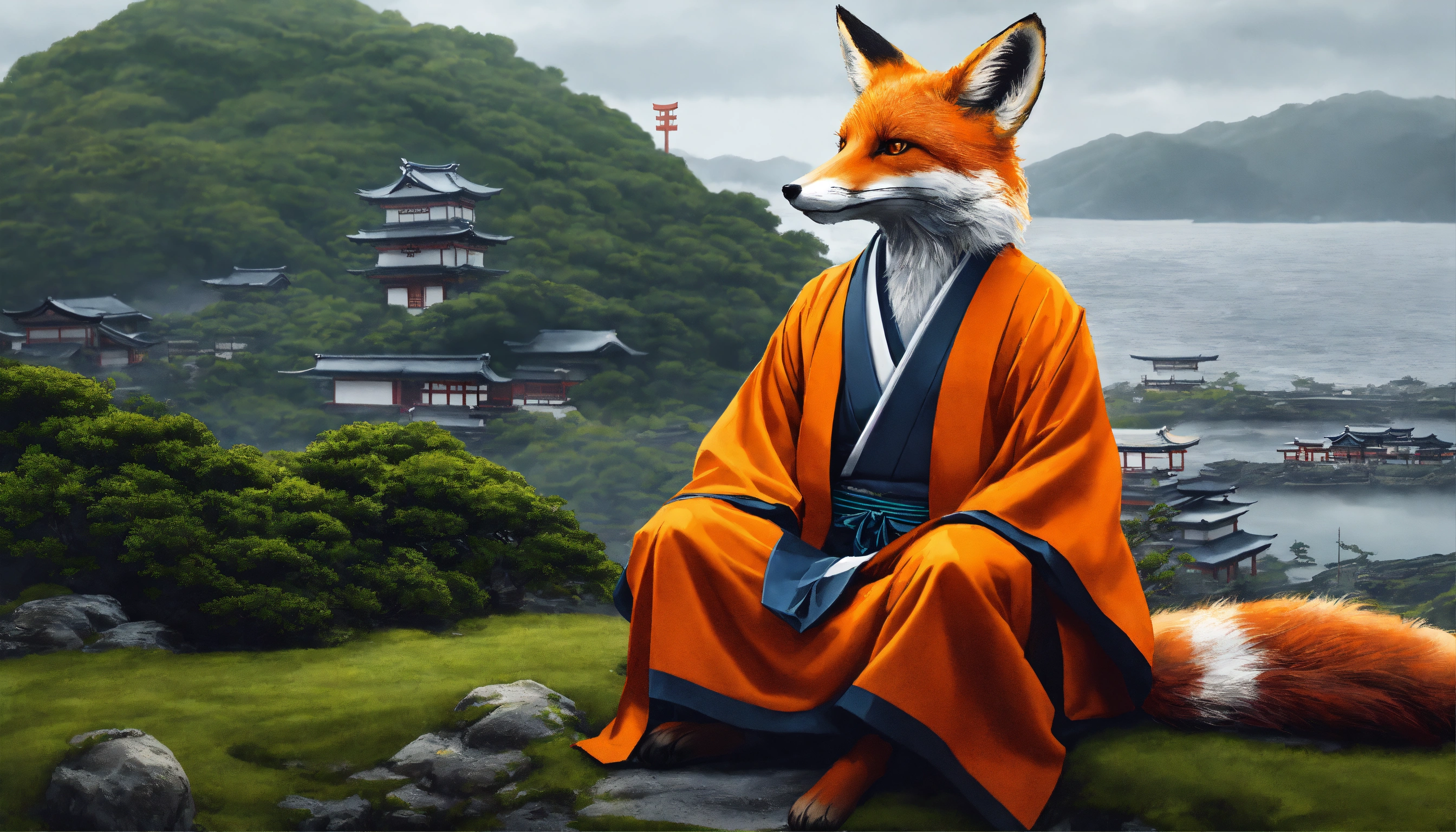 Lexica A humanoid fox wearing robes sitting on the rural hillside