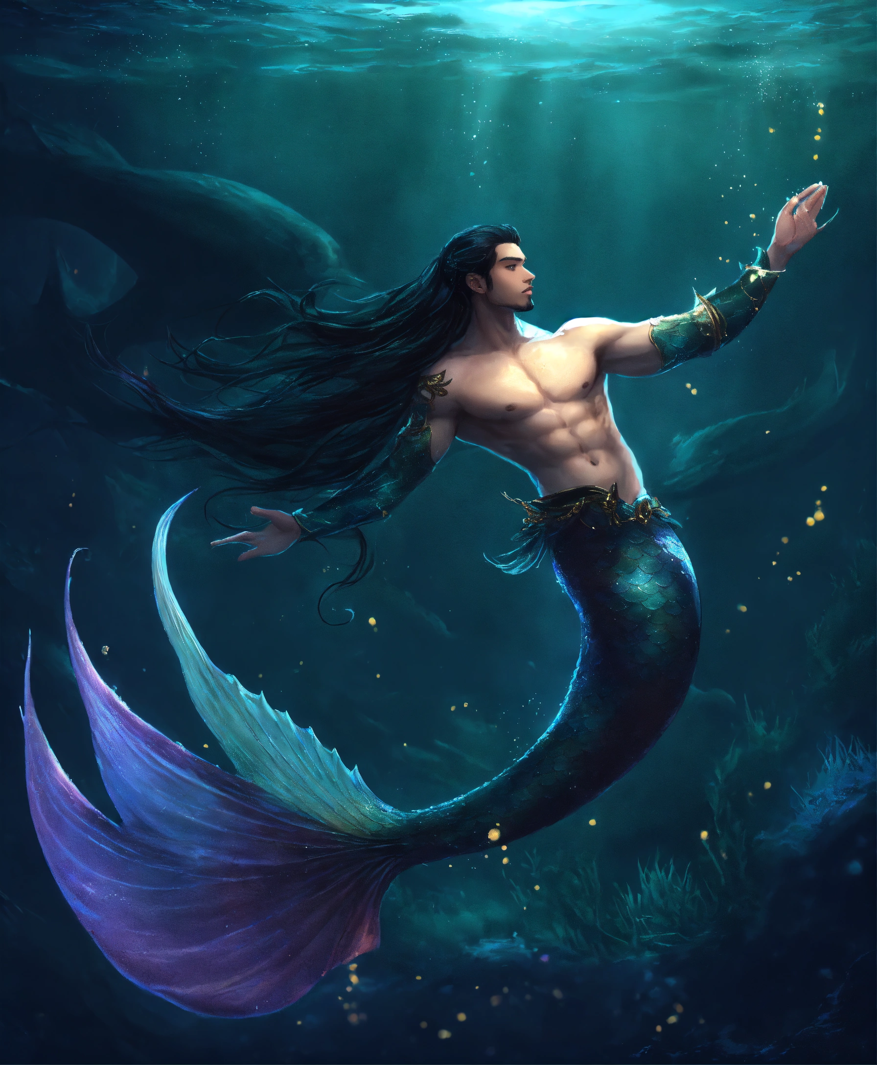 Lexica - A merman from dark fantasy, light skin, long black hair in ...