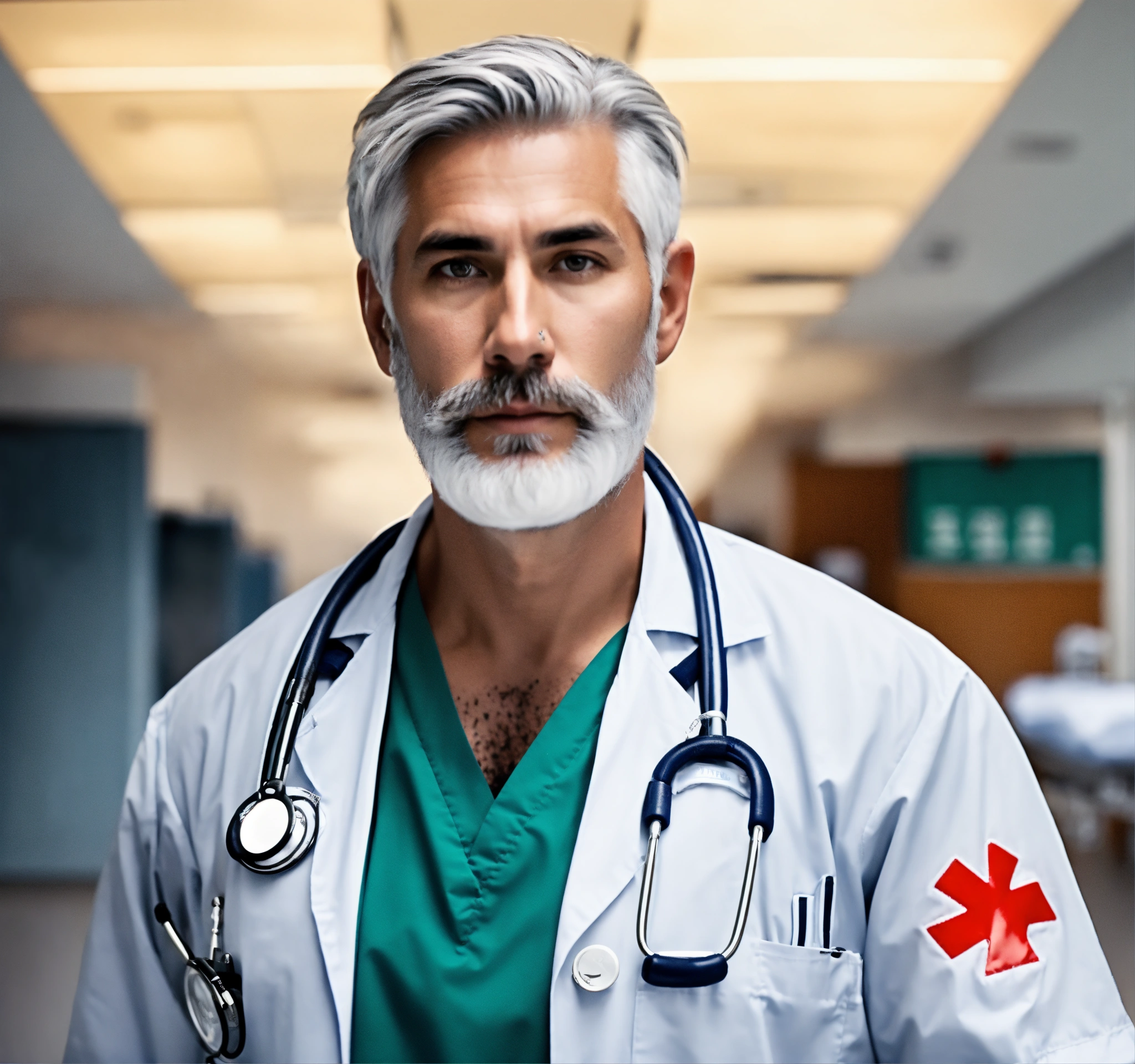 Lexica - Hospital paramedic man with gray hair, and thin beard ripped ...