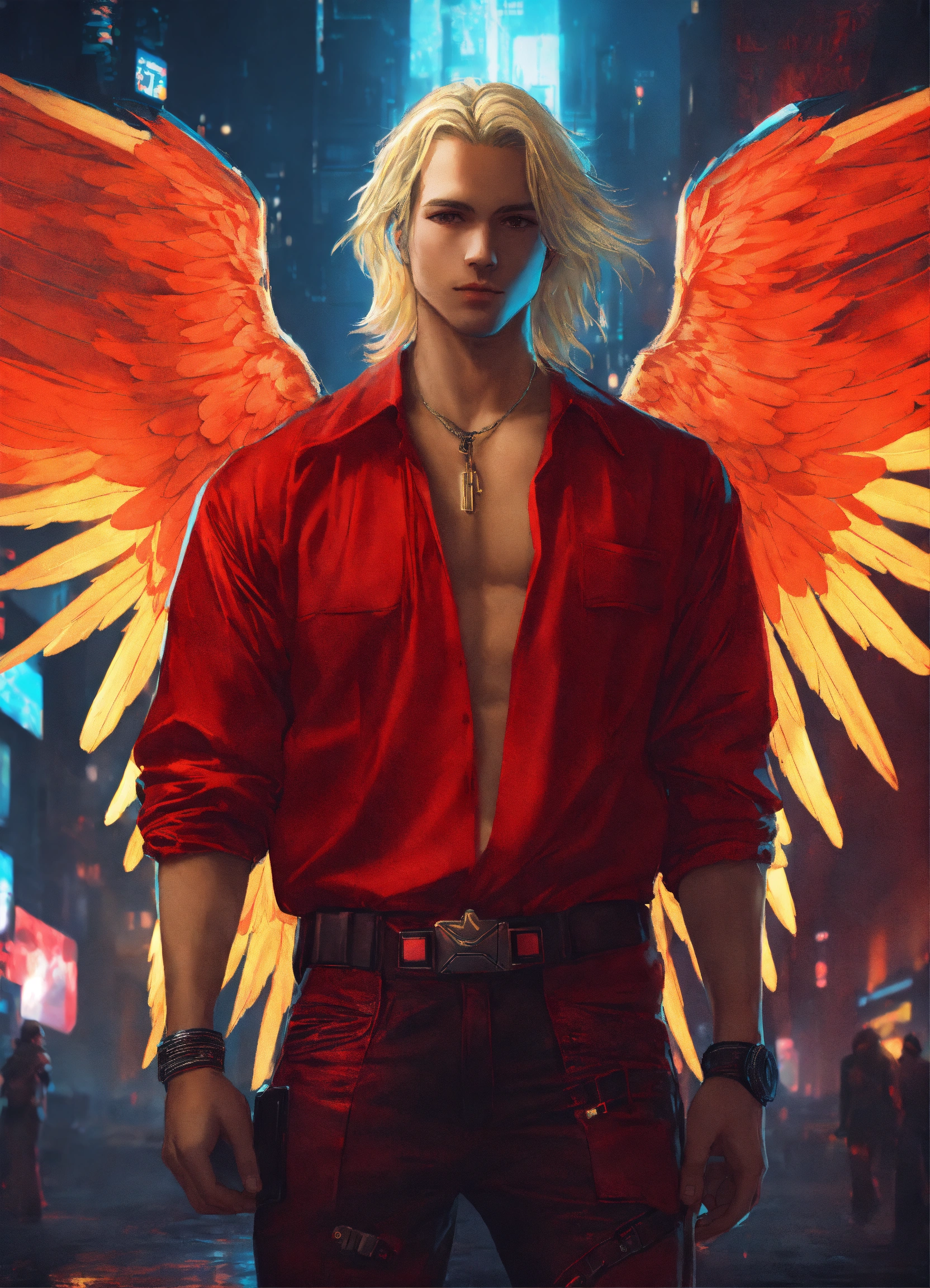 Lexica - Creates a cyberpunk style image of an angel man with wings who ...