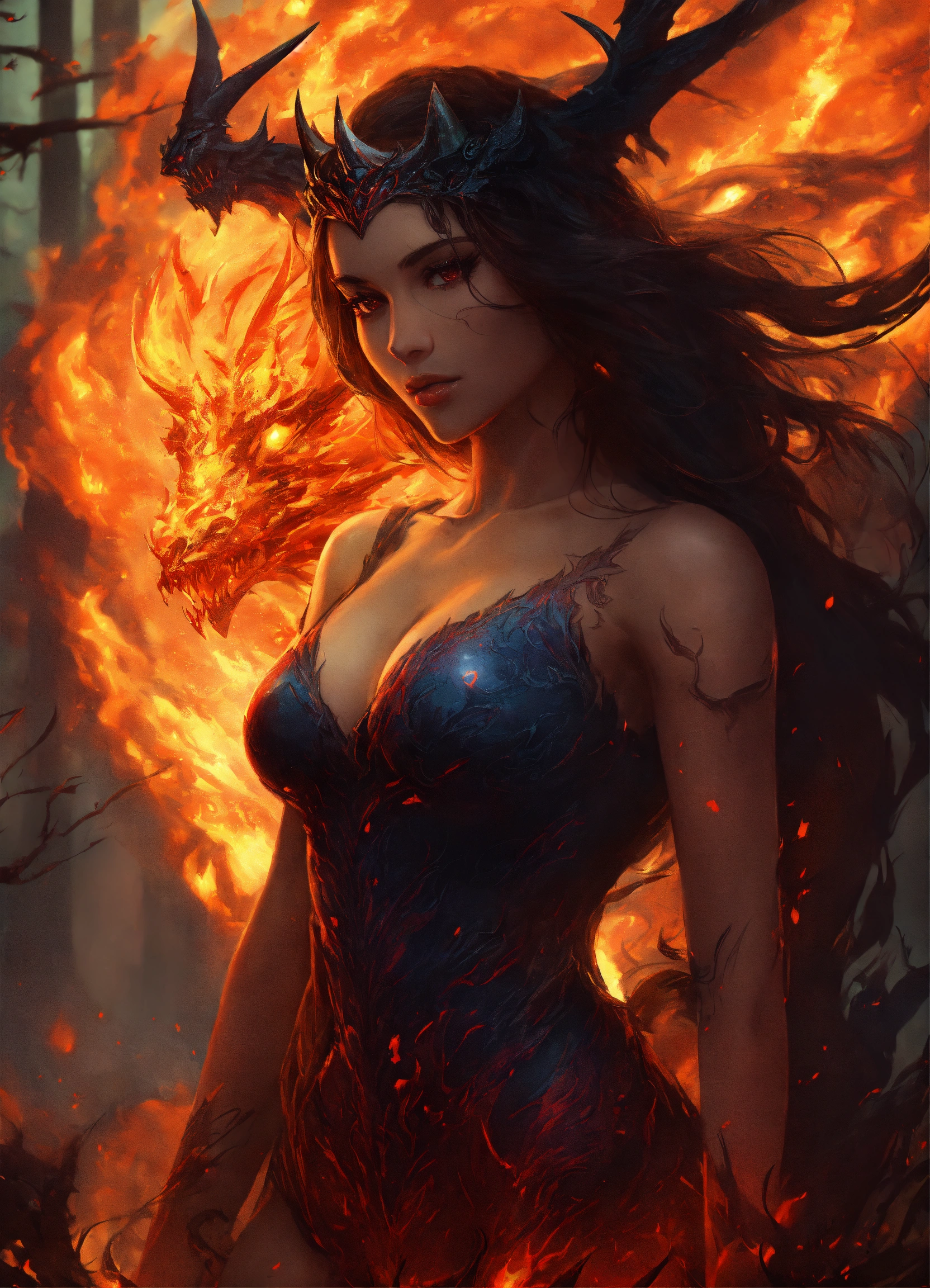 Lexica - A beautiful woman, barely clothed, a large imposing demon behind  her, a burning forest wrapping around the two of them