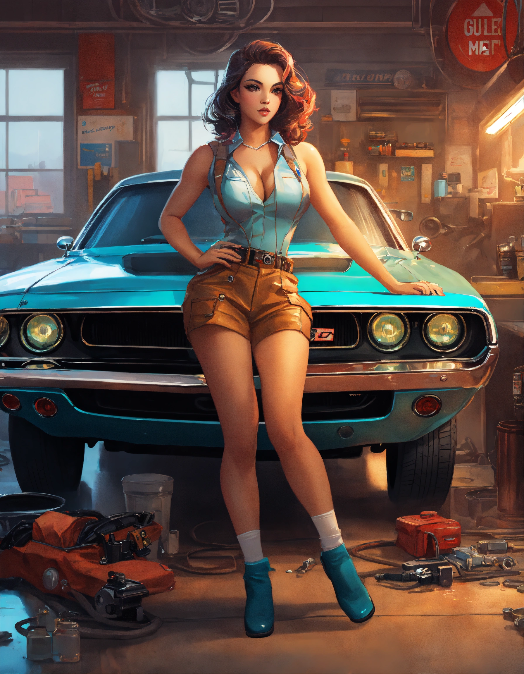 Lexica - Mechanic's garage scene, vintage atmosphere, with a Dodge ...