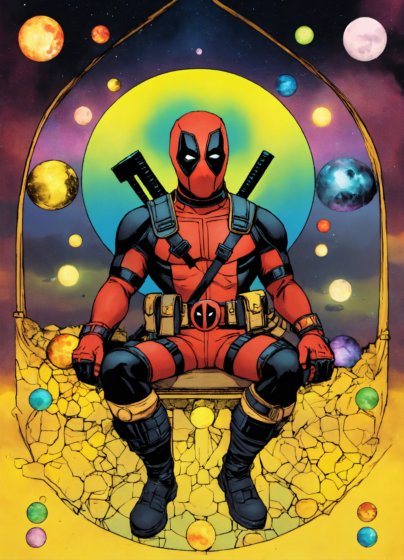 Lexica - Deadpool god yellow black rainbow moons
