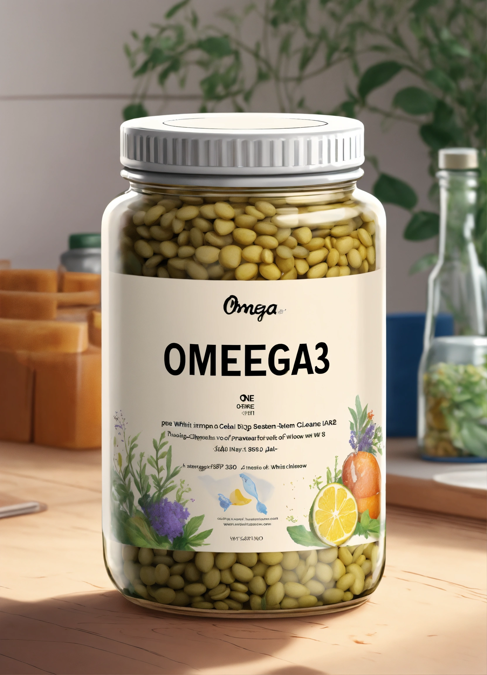 Lexica - One jar of omega-3 stands on a table with a white lid and a ...